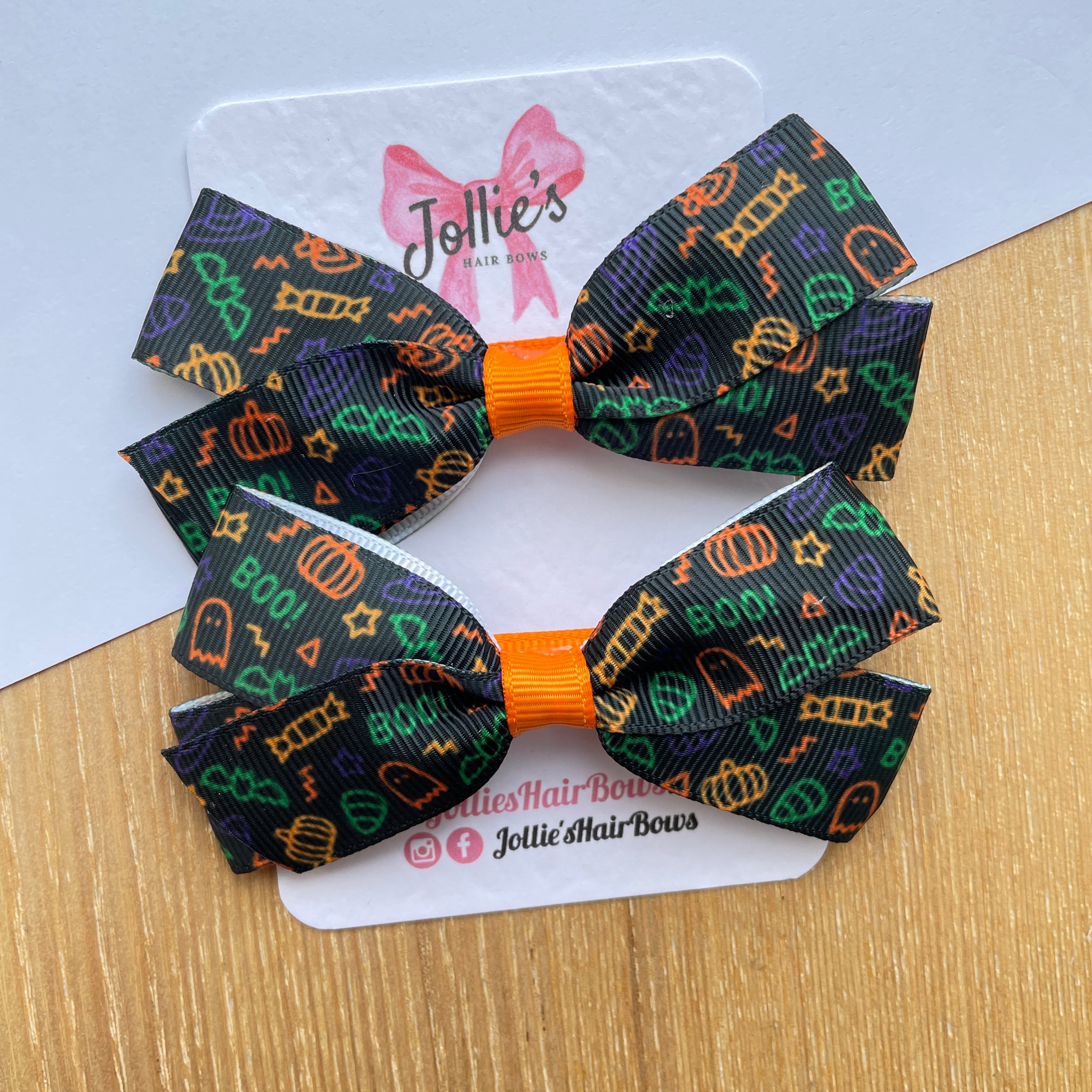 3.5" Halloween Pumpkin Print Hair Bows with Clip (Pair) – Grosgrain Ribbon
