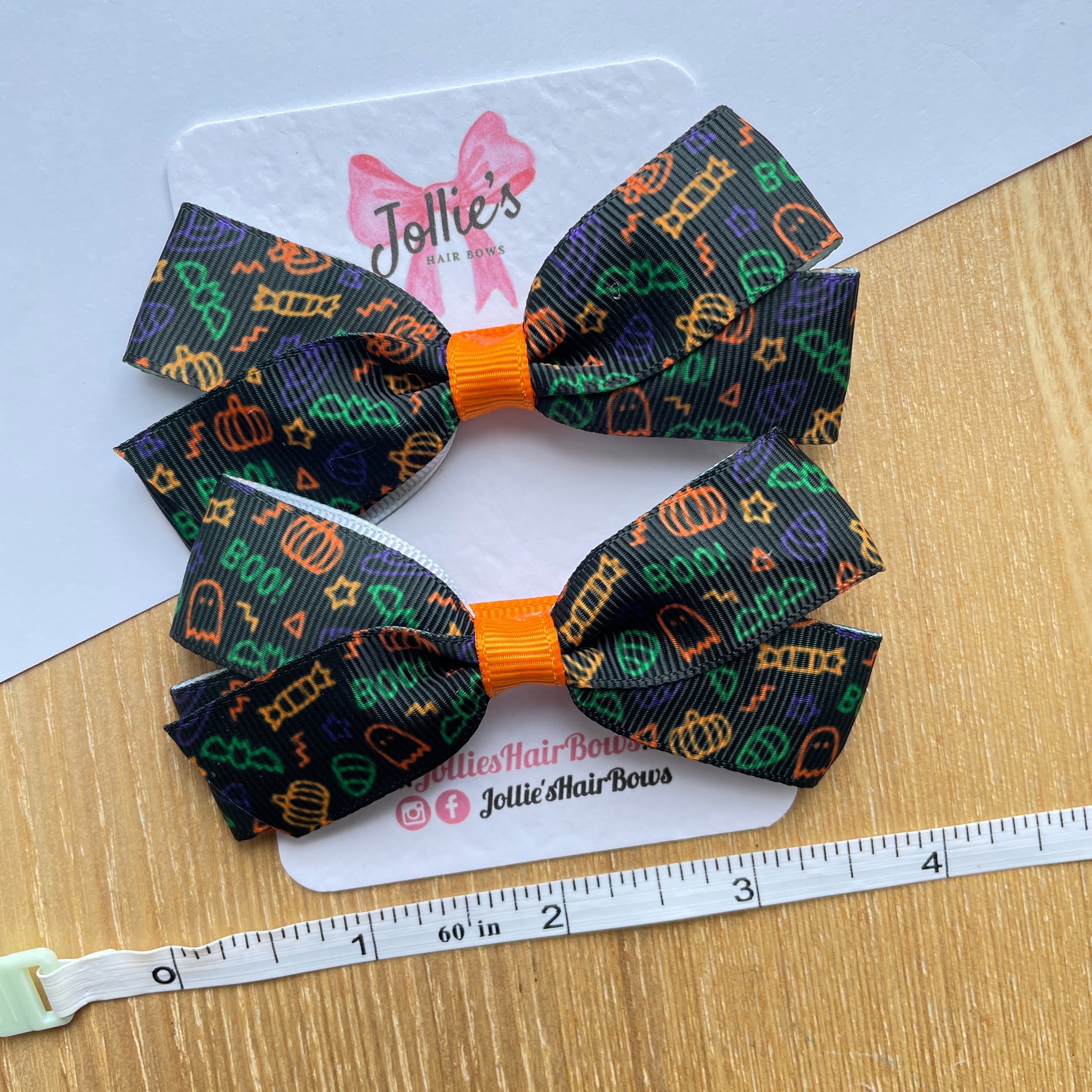 3.5" Halloween Pumpkin Print Hair Bows with Clip (Pair) – Grosgrain Ribbon