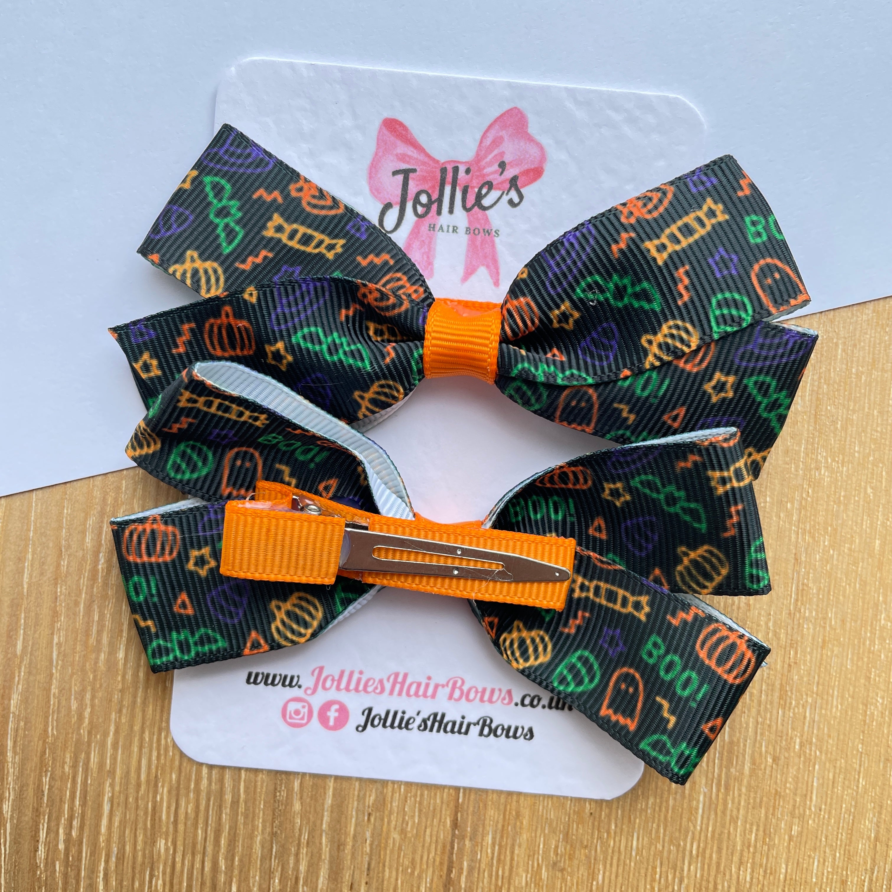3.5" Halloween Pumpkin Print Hair Bows with Clip (Pair) – Grosgrain Ribbon
