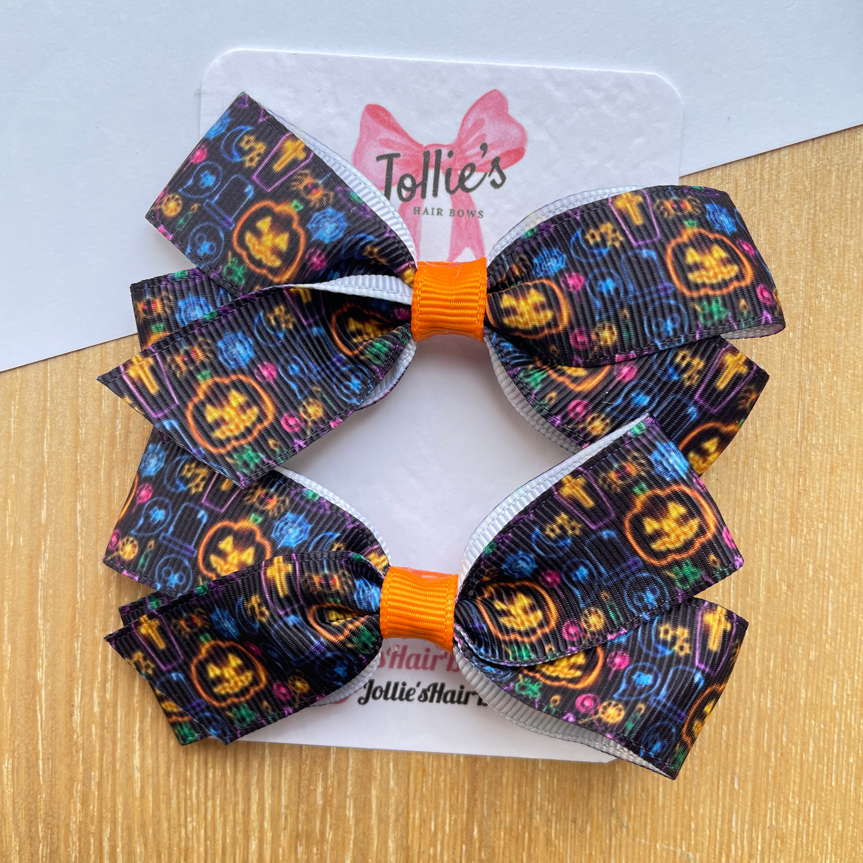 3.5" Black Spooky Light Halloween Hair Bows with Clip (Pair) – Grosgrain Ribbon
