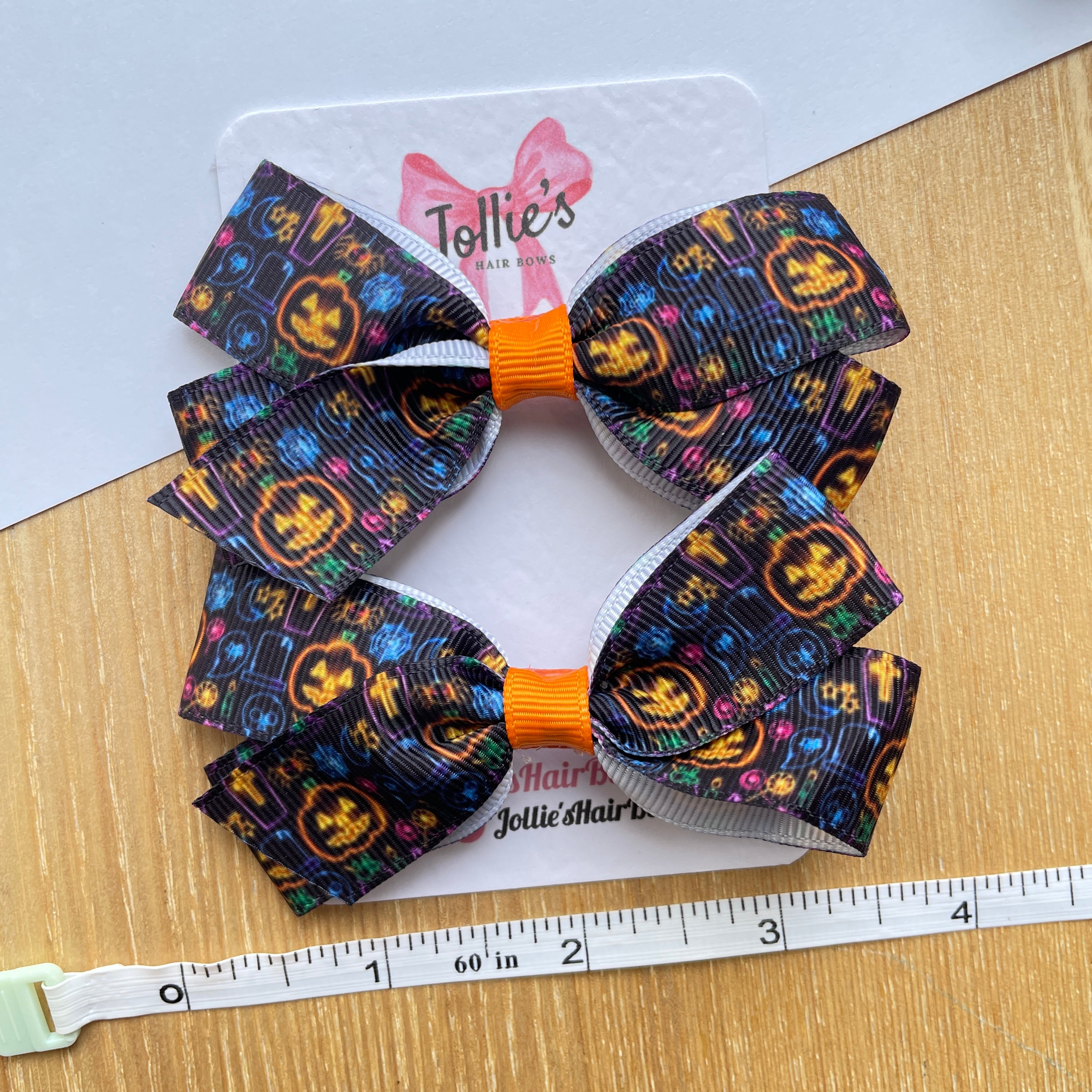 3.5" Black Spooky Light Halloween Hair Bows with Clip (Pair) – Grosgrain Ribbon
