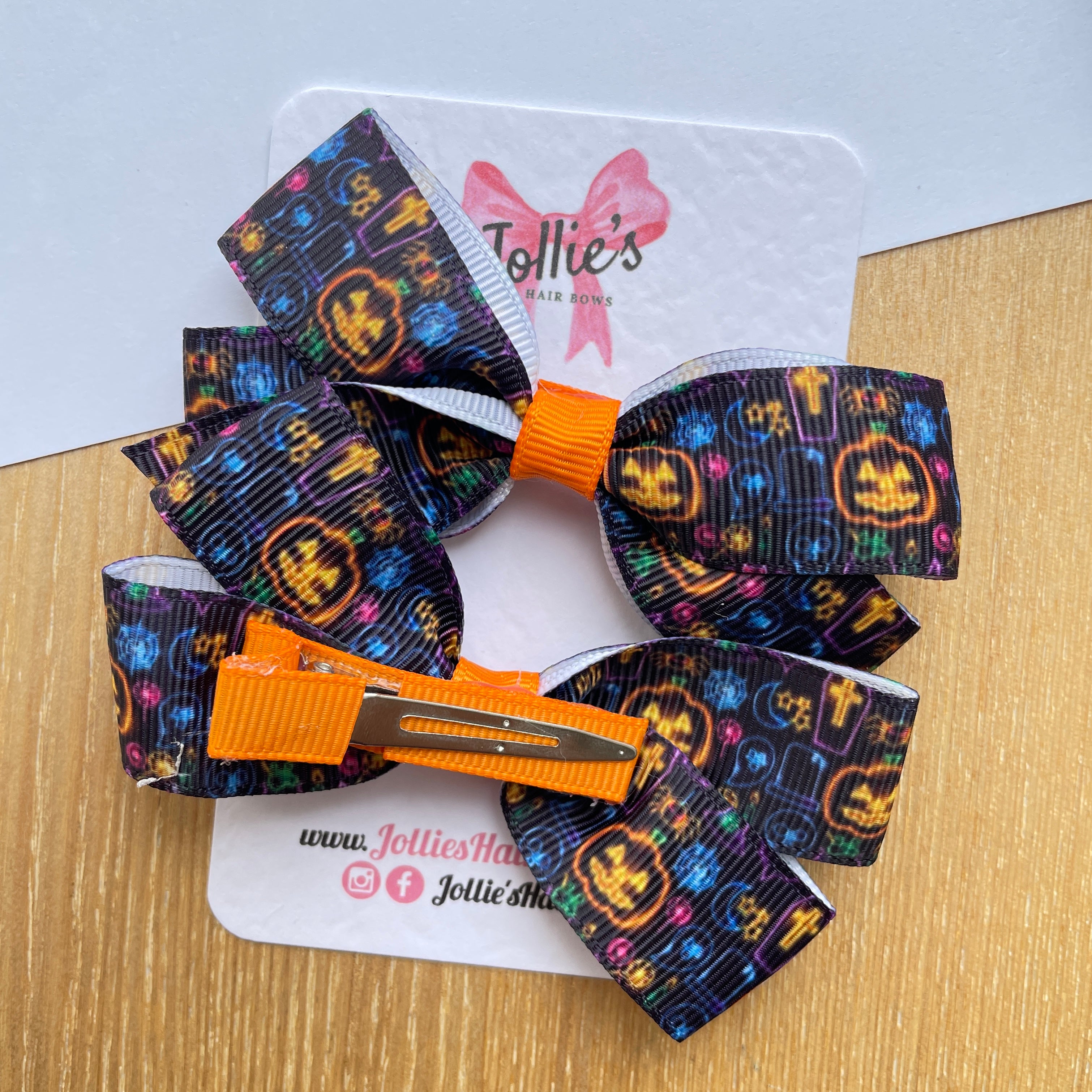 3.5" Black Spooky Light Halloween Hair Bows with Clip (Pair) – Grosgrain Ribbon