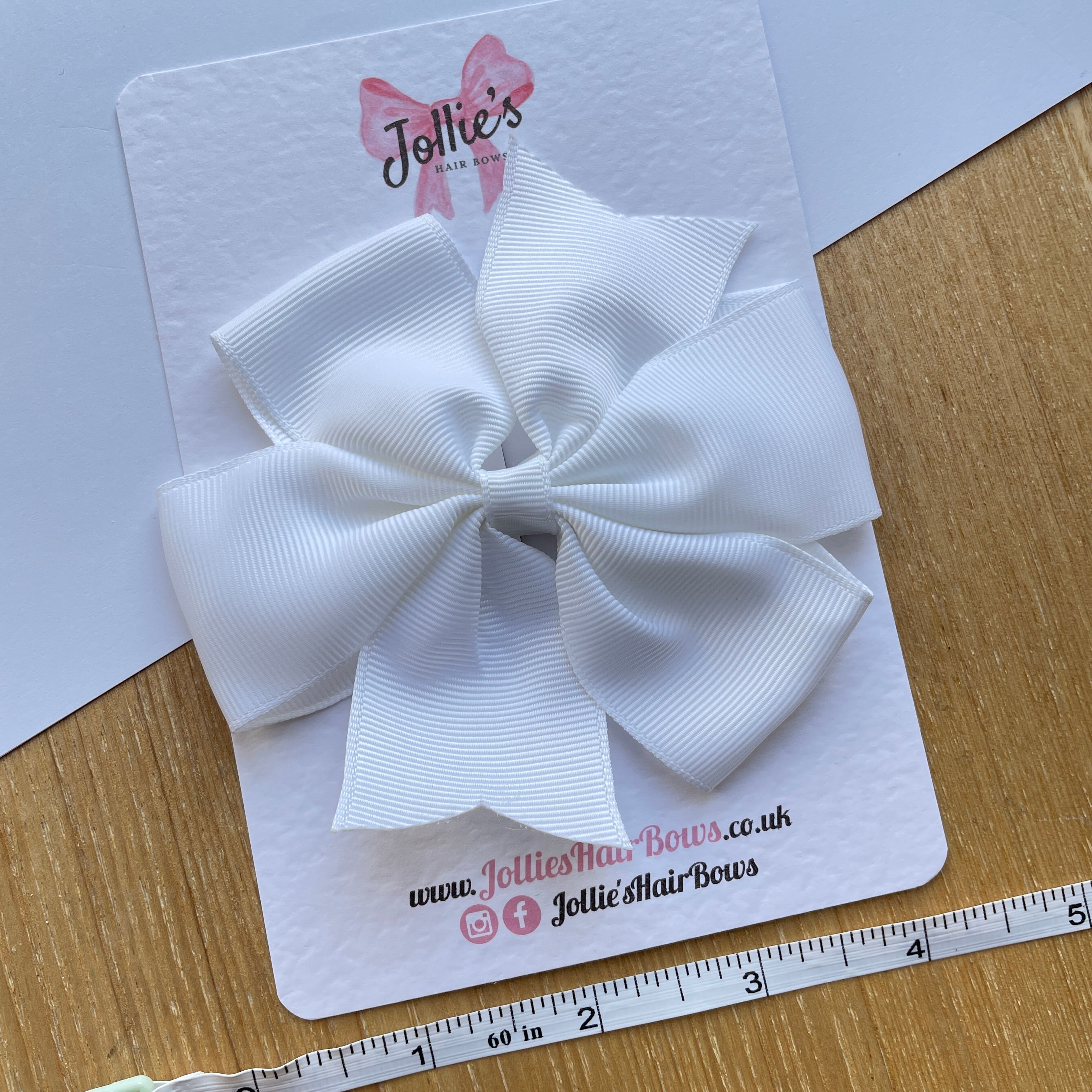 4" White Pinwheel Hair Bow – Grosgrain Ribbon with Lined Alligator Clip