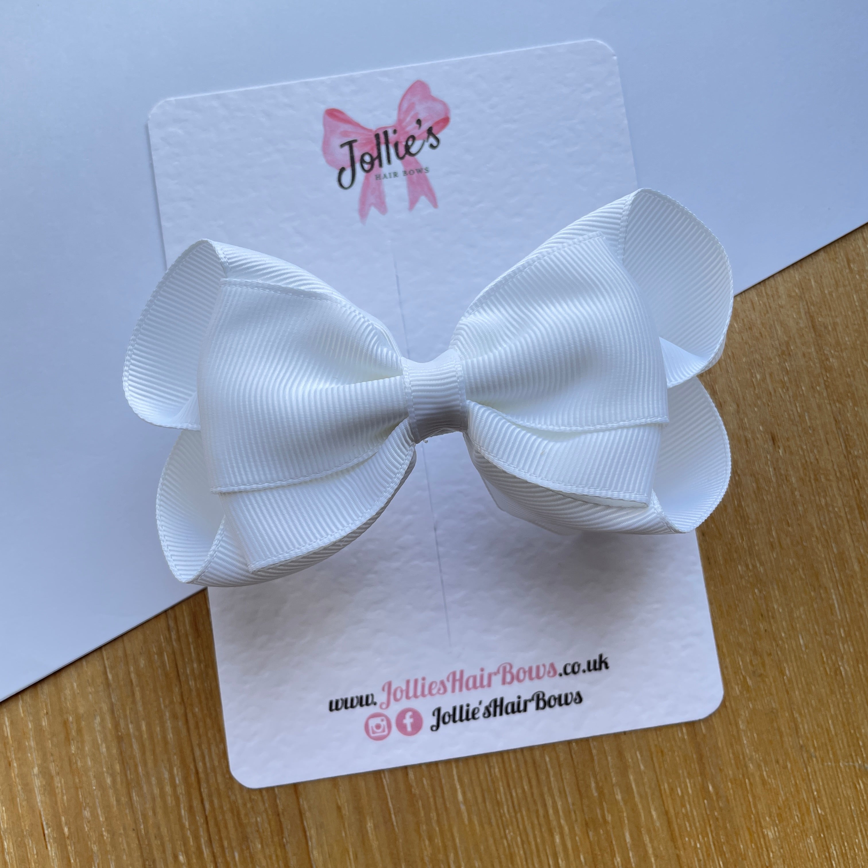 4.5" White Boutique Bow with Clip – Grosgrain Ribbon Hair Bow for Girls