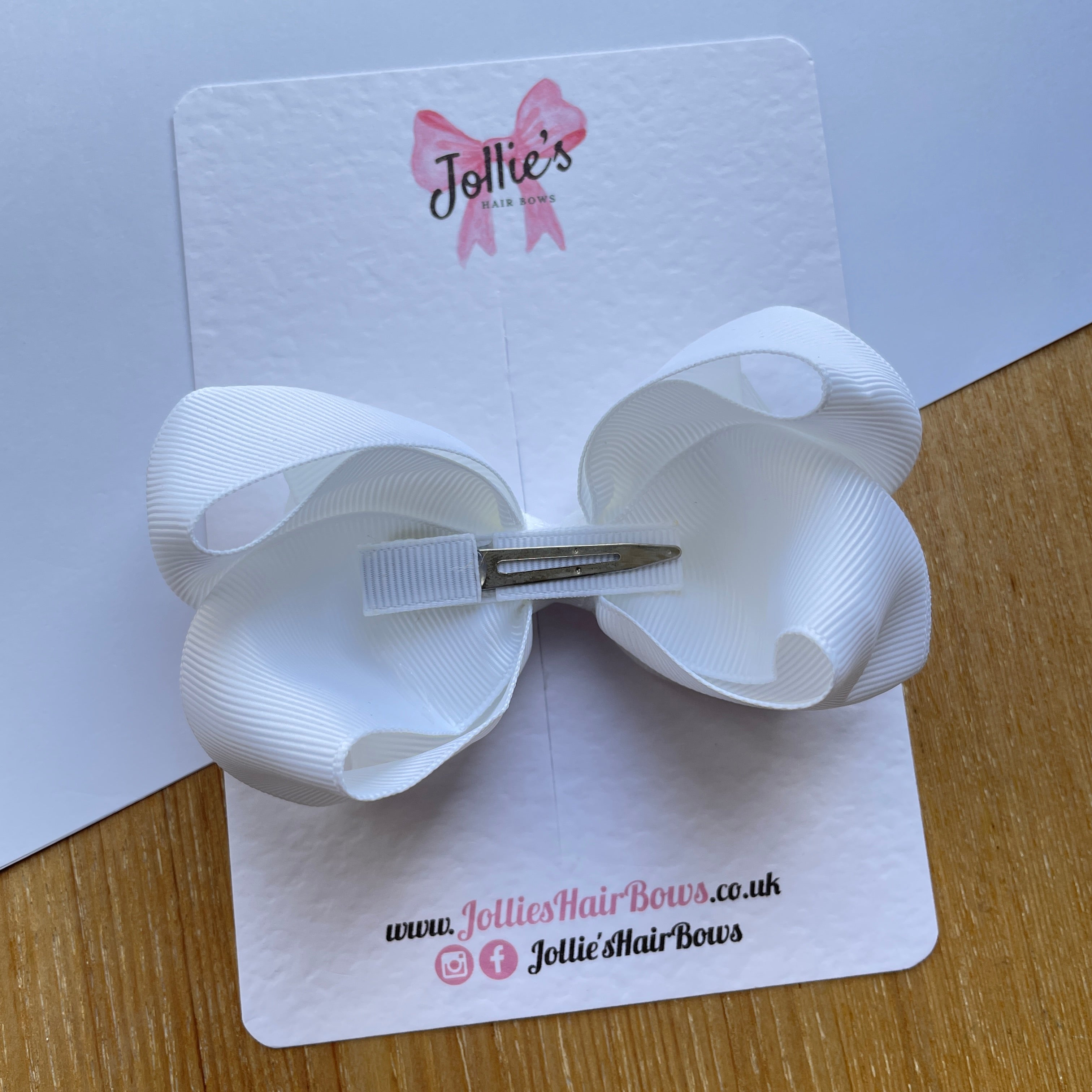 4.5" White Boutique Bow with Clip – Grosgrain Ribbon Hair Bow for Girls