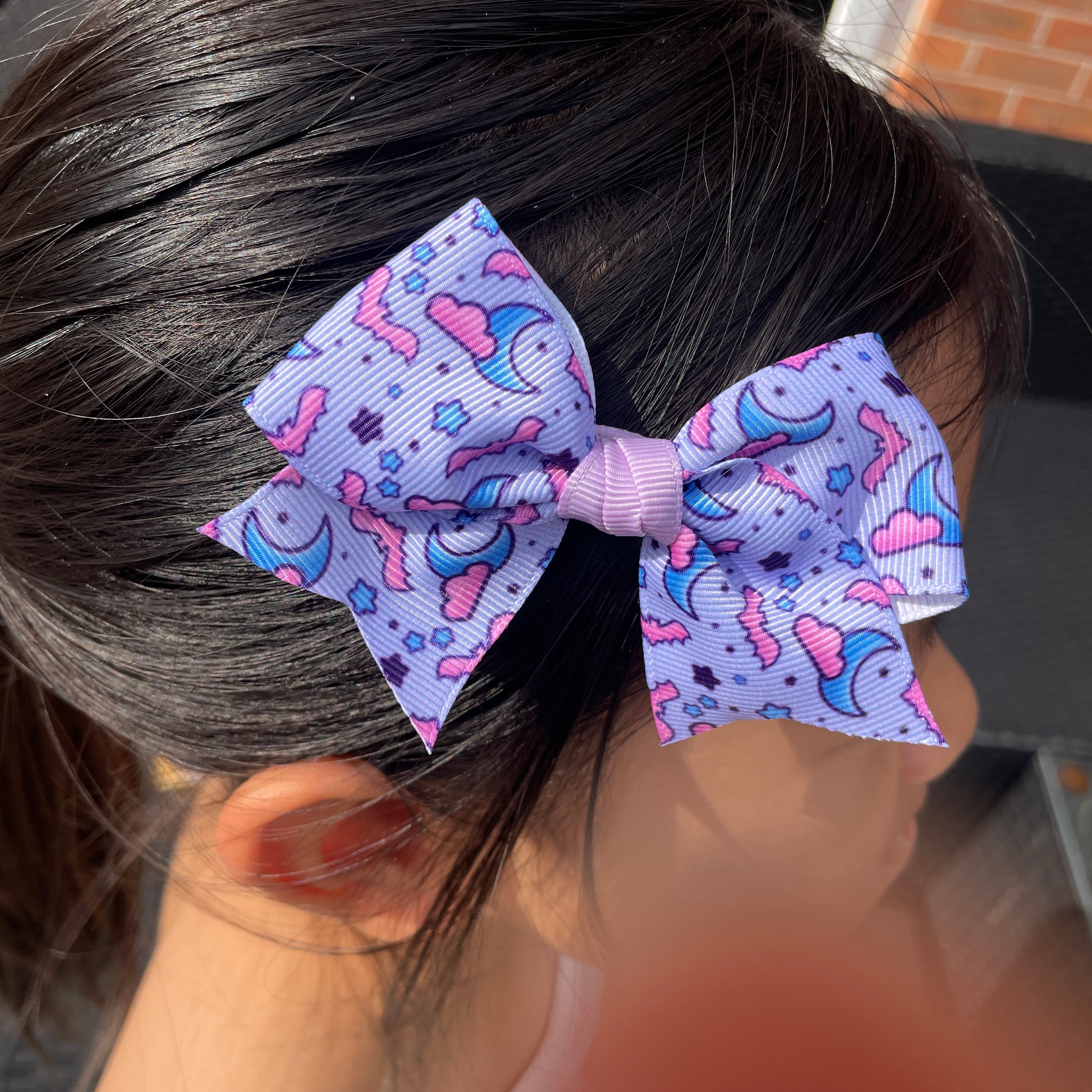 4" Purple Bat & Moon Halloween Classic Hair Bow – Grosgrain Ribbon with Lined Alligator Clip
