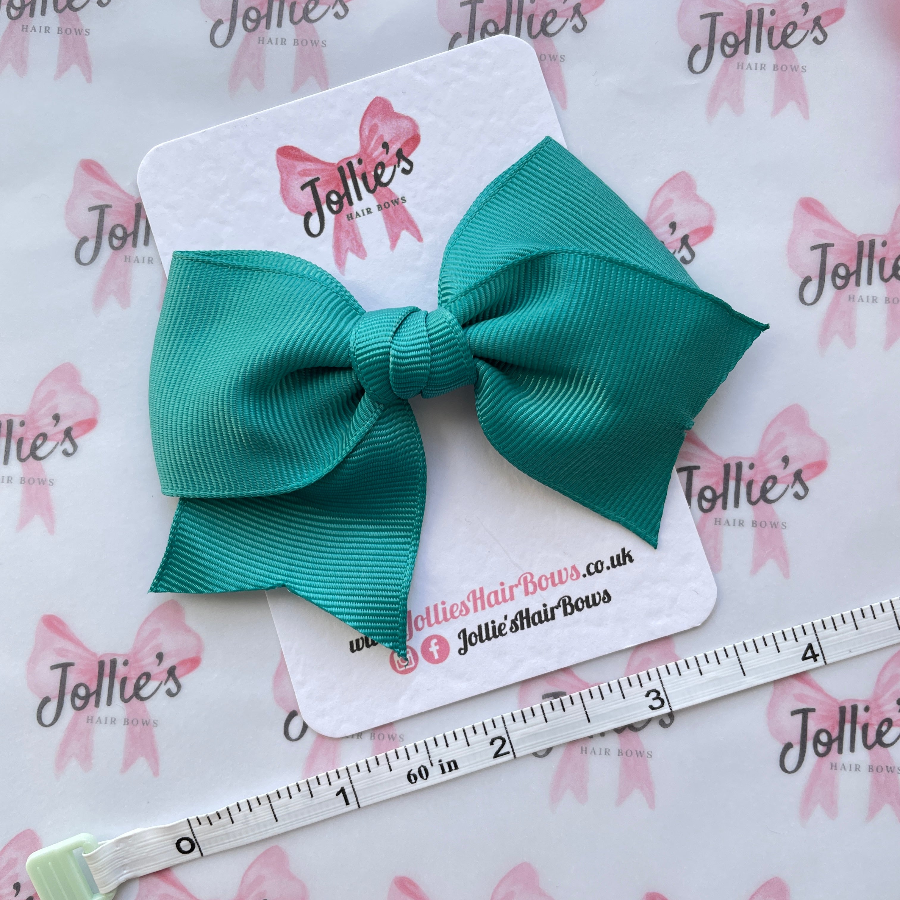 4" Jade Green Ribbon Hair Bow – Grosgrain Ribbon with Lined Alligator Clip