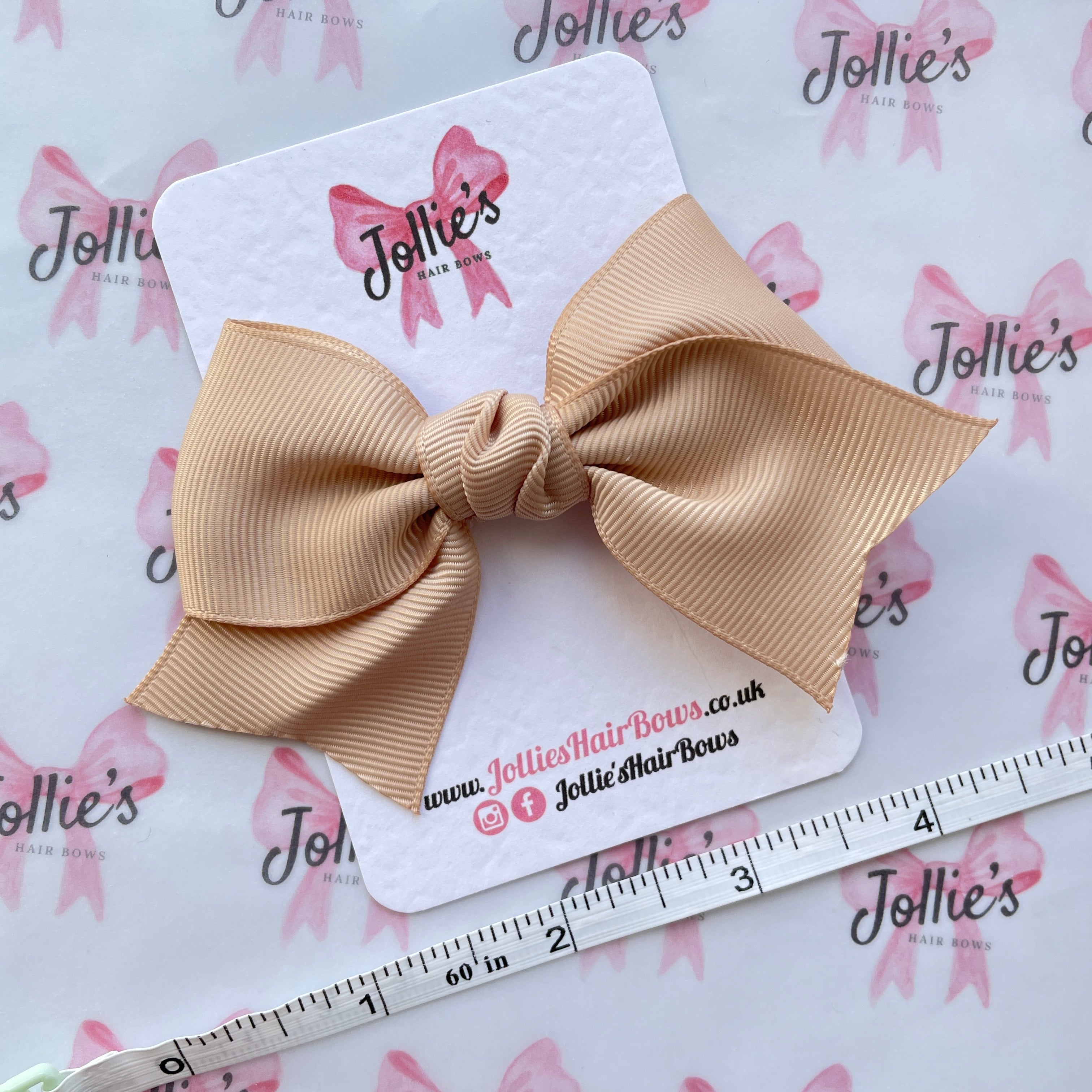 4" Tan Classic Hair Bow – Grosgrain Ribbon with Lined Alligator Clip