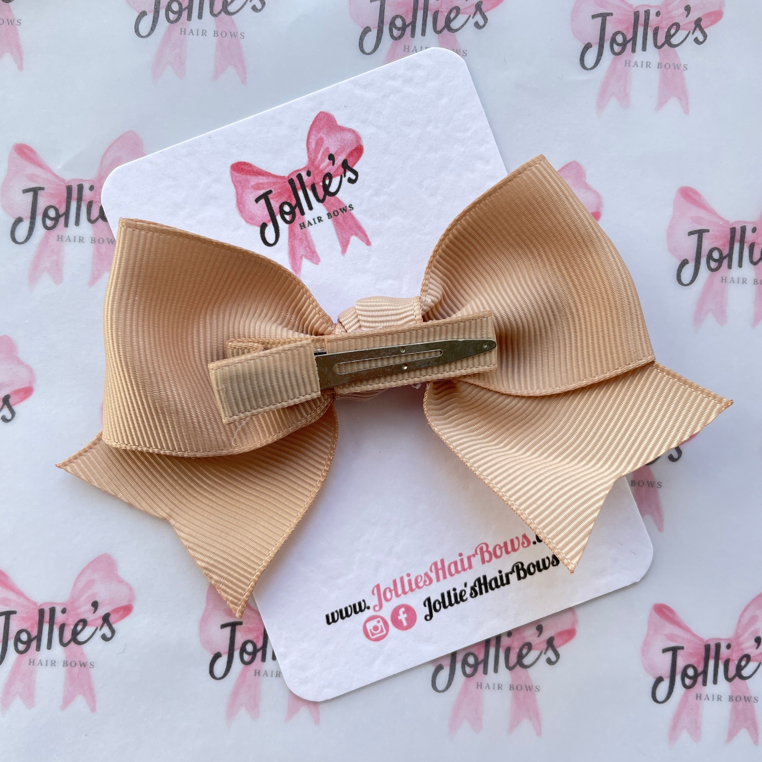 4" Tan Classic Hair Bow – Grosgrain Ribbon with Lined Alligator Clip