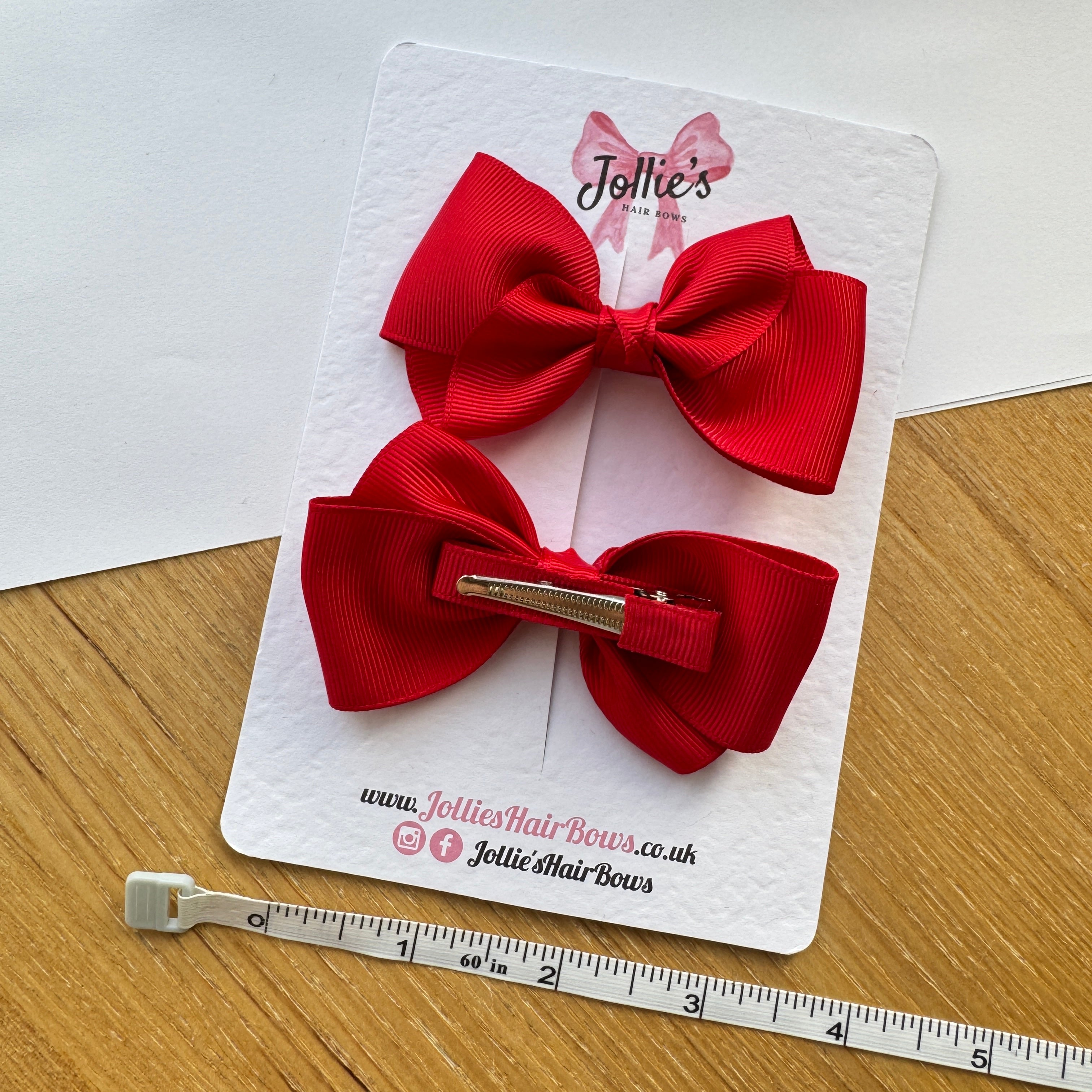 3.5" Red Deluxe School Hair Bow Pair – Grosgrain Ribbon Clips with Teeth