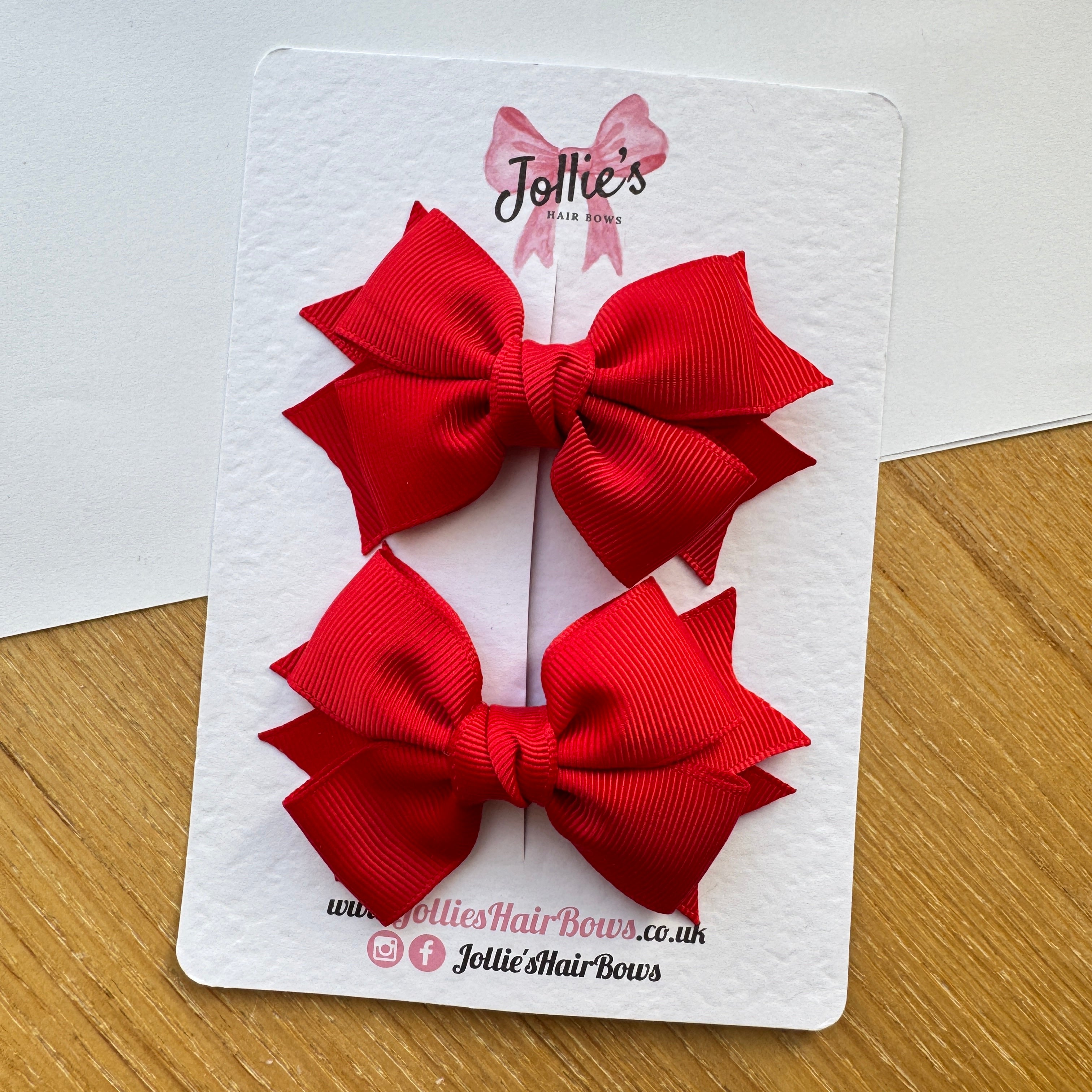 3" Red Double Layer School Hair Bow Pair – Grosgrain Ribbon Clips with Teeth