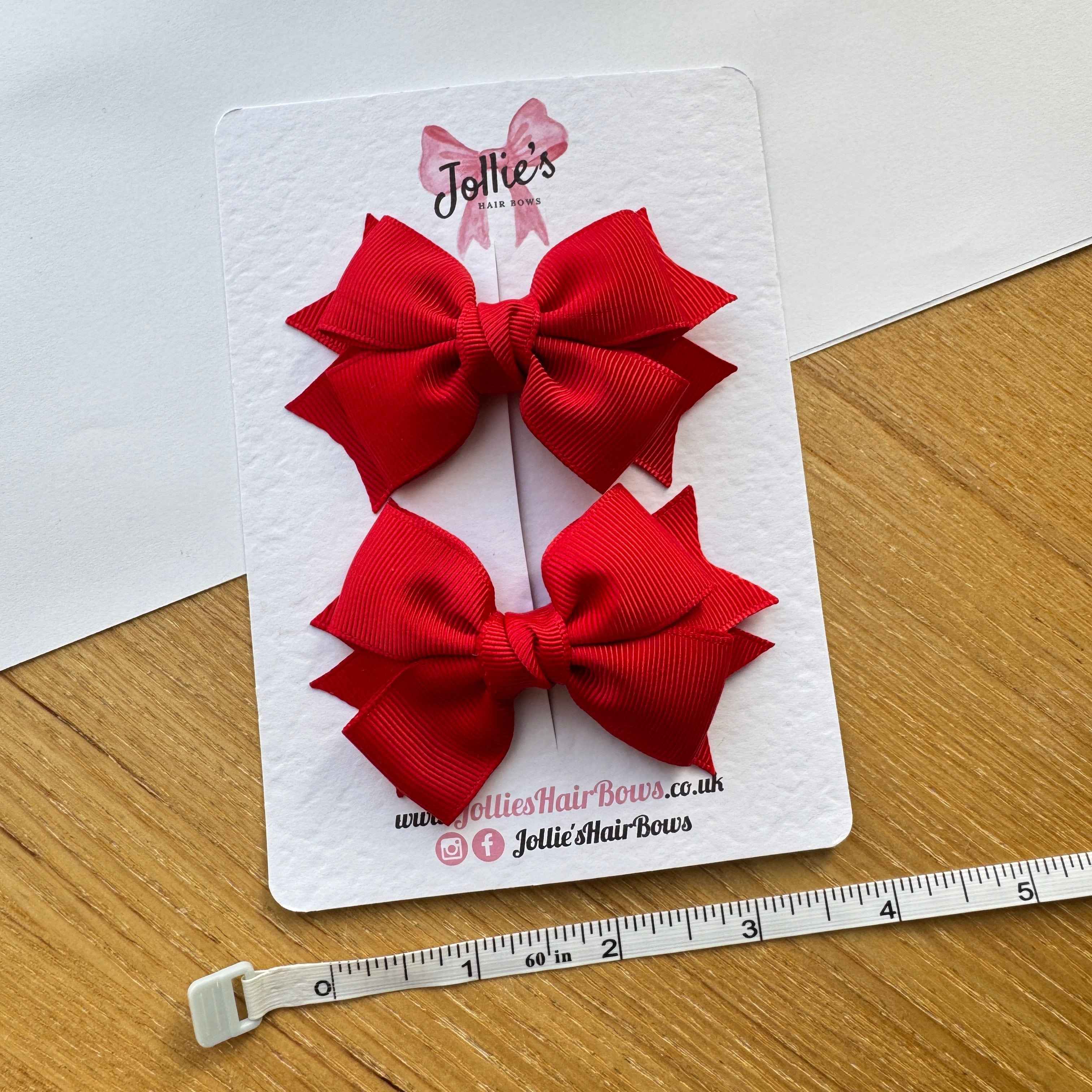 3" Red Double Layer School Hair Bow Pair – Grosgrain Ribbon Clips with Teeth