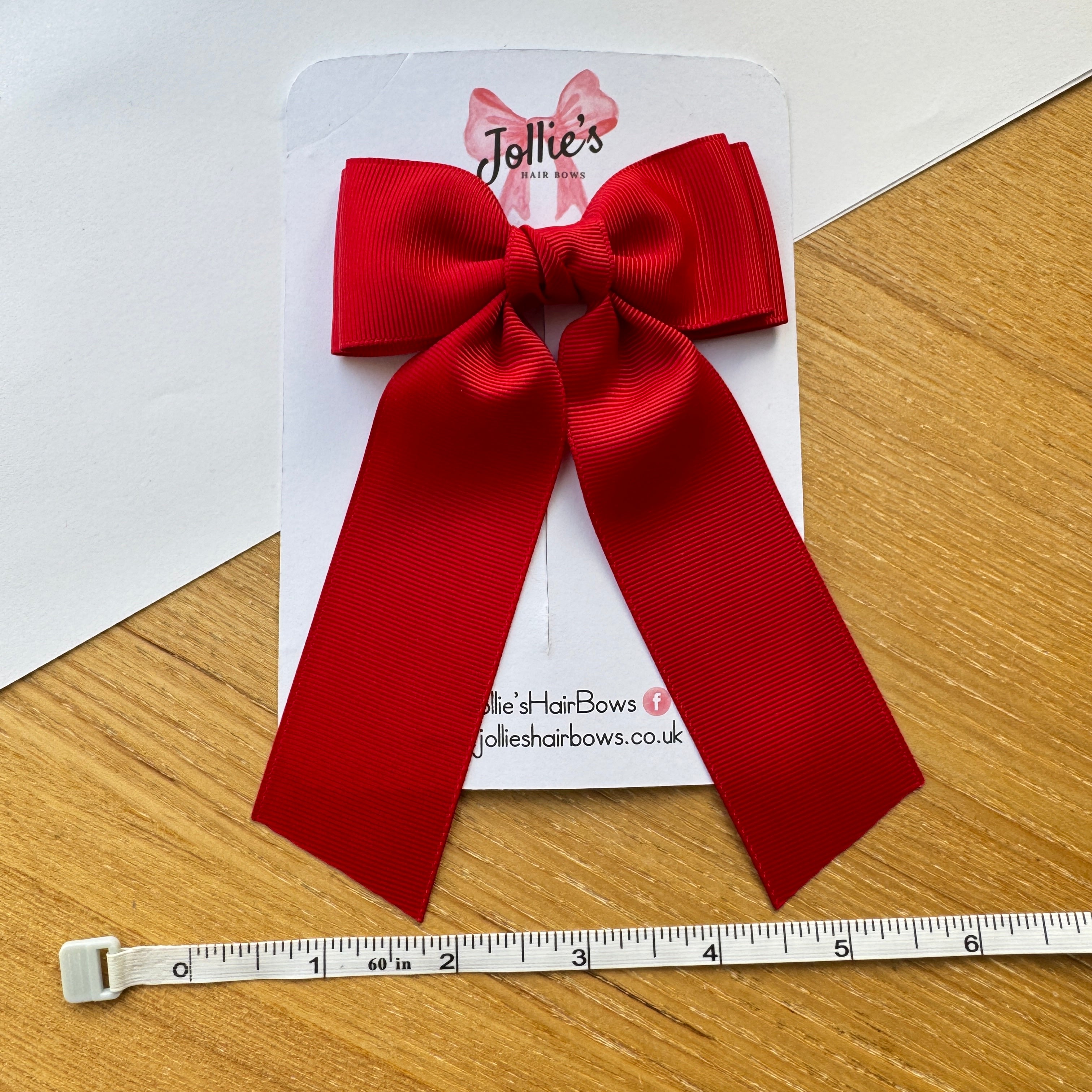 5" Red Long Tail School Hair Bow – Grosgrain Ribbon Clip with Teeth