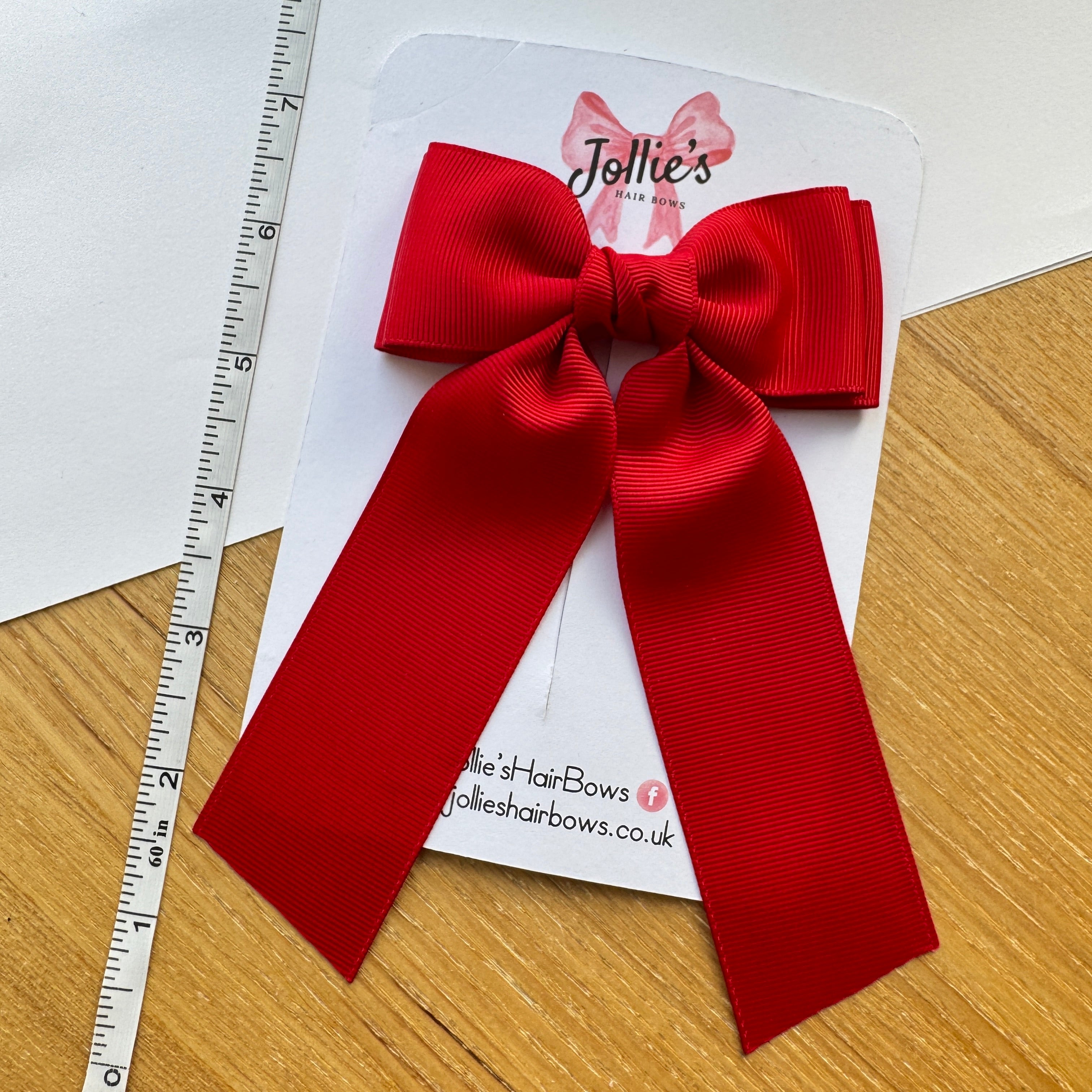 5" Red Long Tail School Hair Bow – Grosgrain Ribbon Clip with Teeth