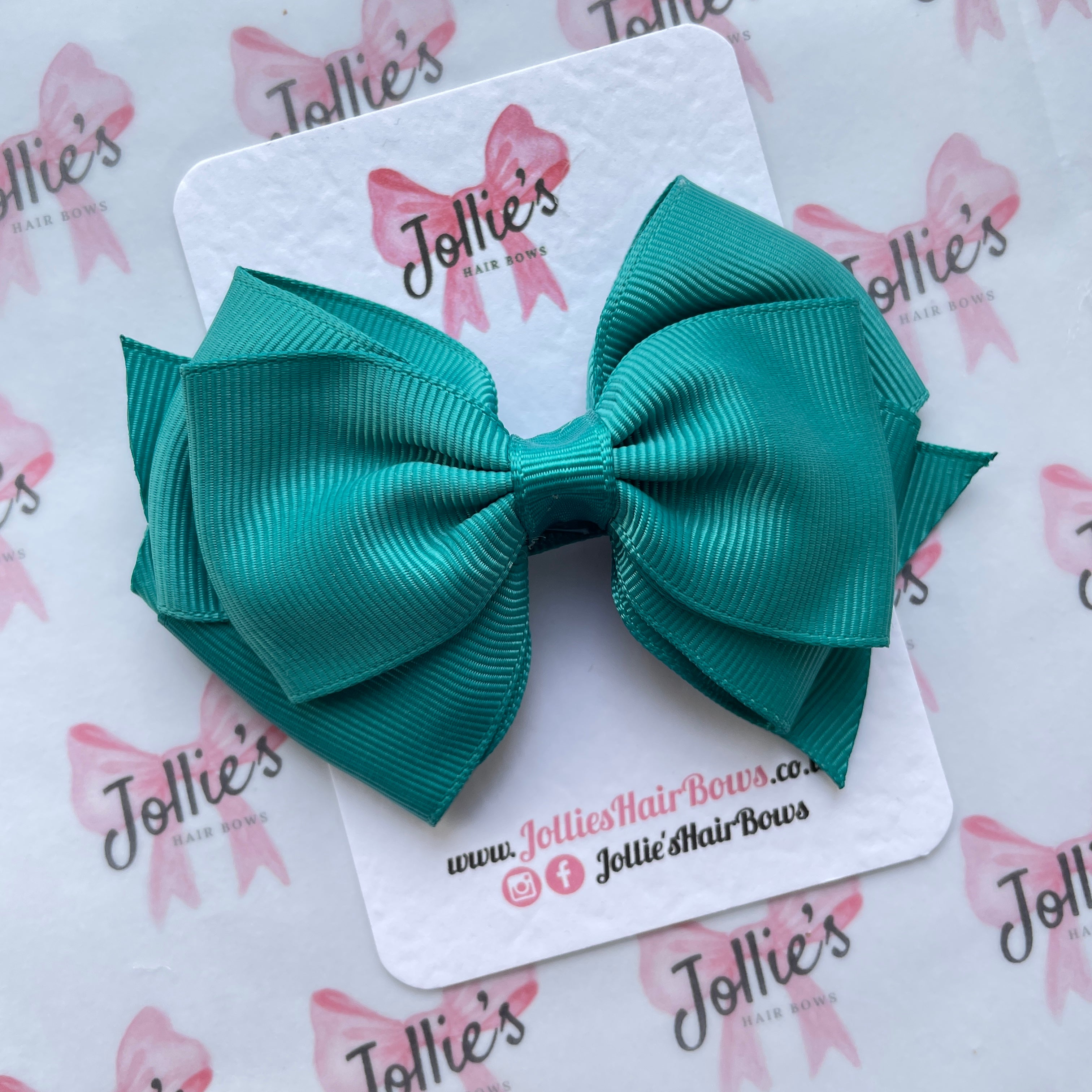 4" Jade Green Triple Layer Hair Bow – Grosgrain Ribbon with Lined Alligator Clip