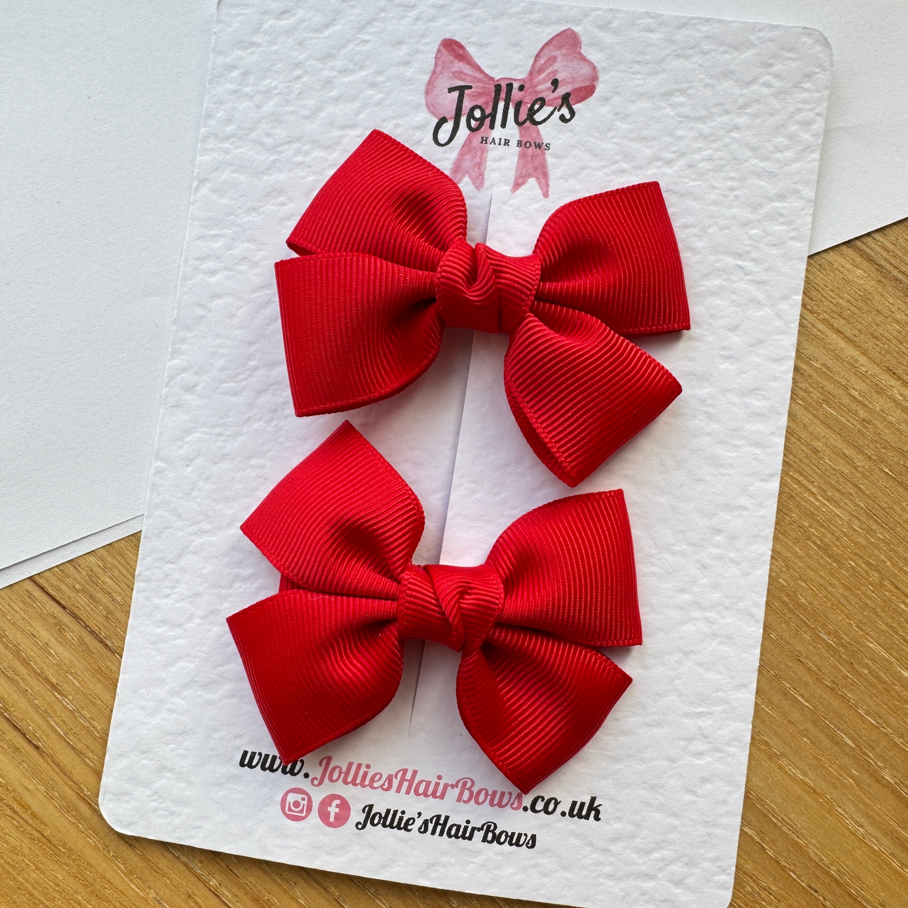 2.5" Red Classic Hair Bow Pair – Grosgrain Ribbon Clips with Teeth