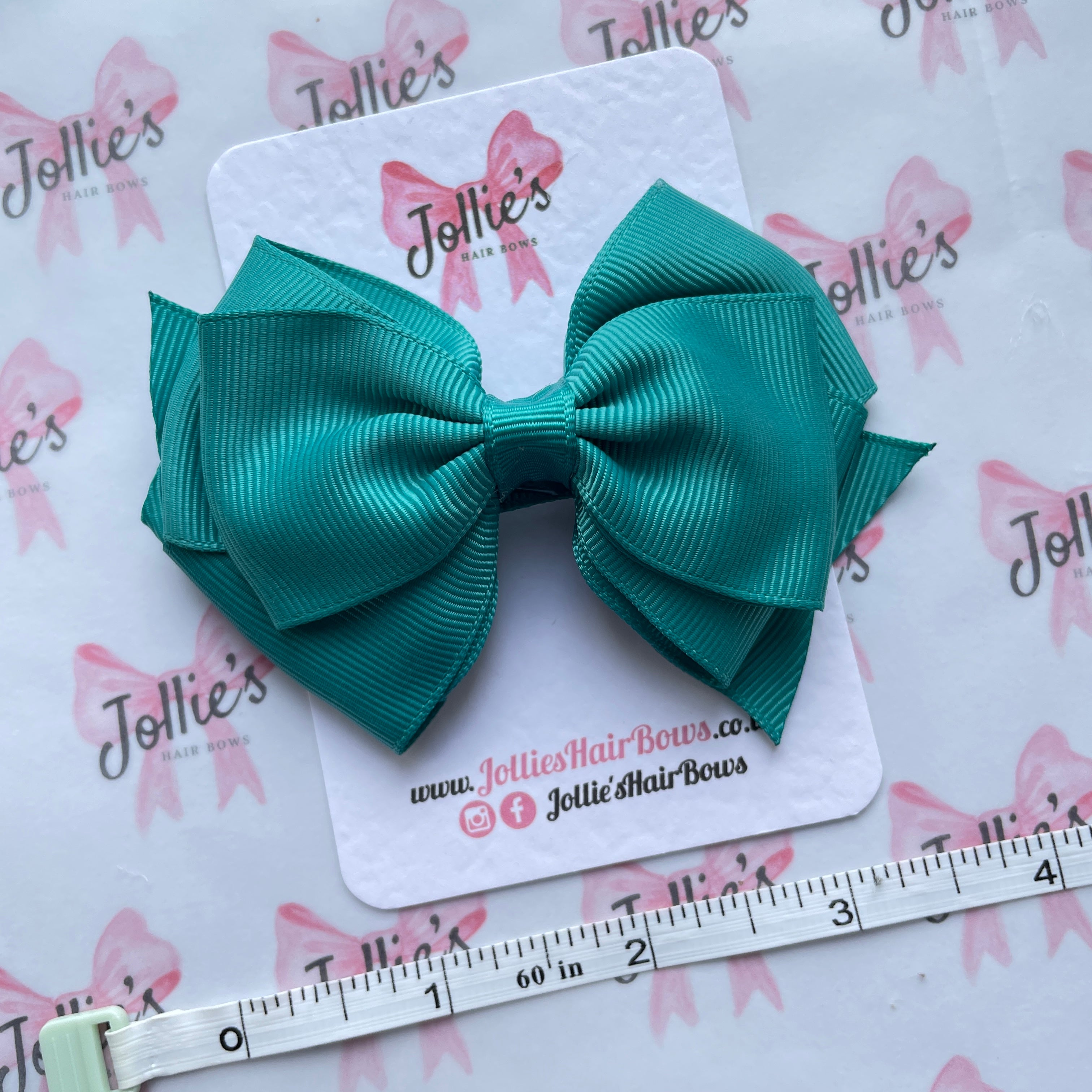 4" Jade Green Triple Layer Hair Bow – Grosgrain Ribbon with Lined Alligator Clip