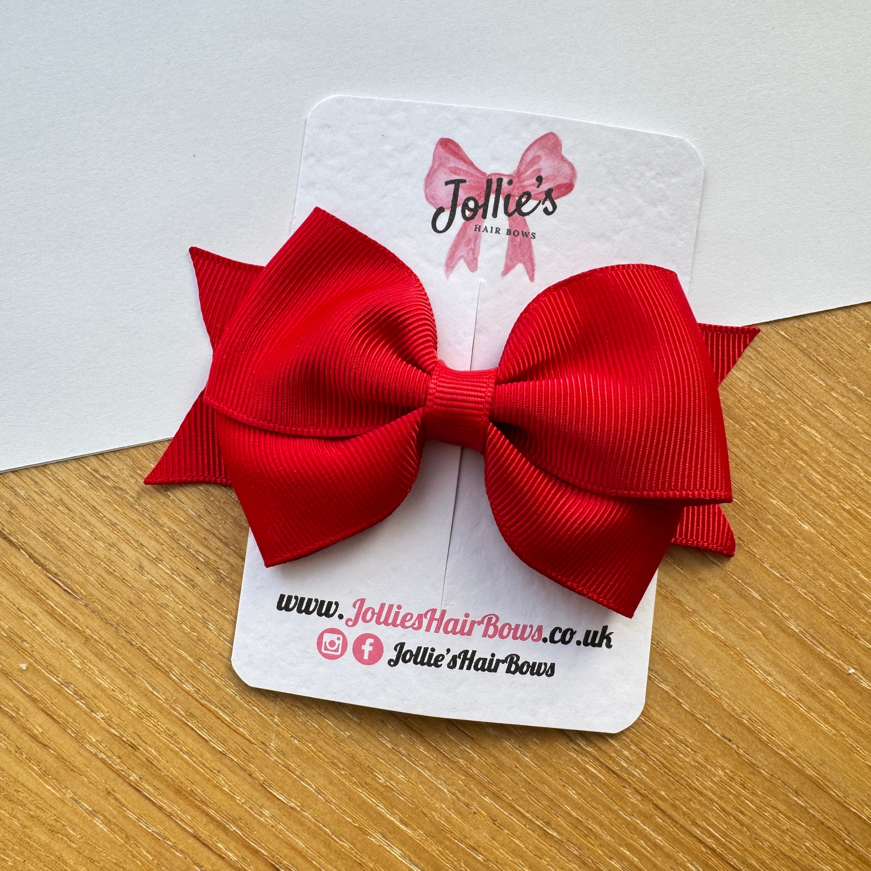 4" Red Double Tail Hair Bow – Grosgrain Ribbon Clip with Teeth
