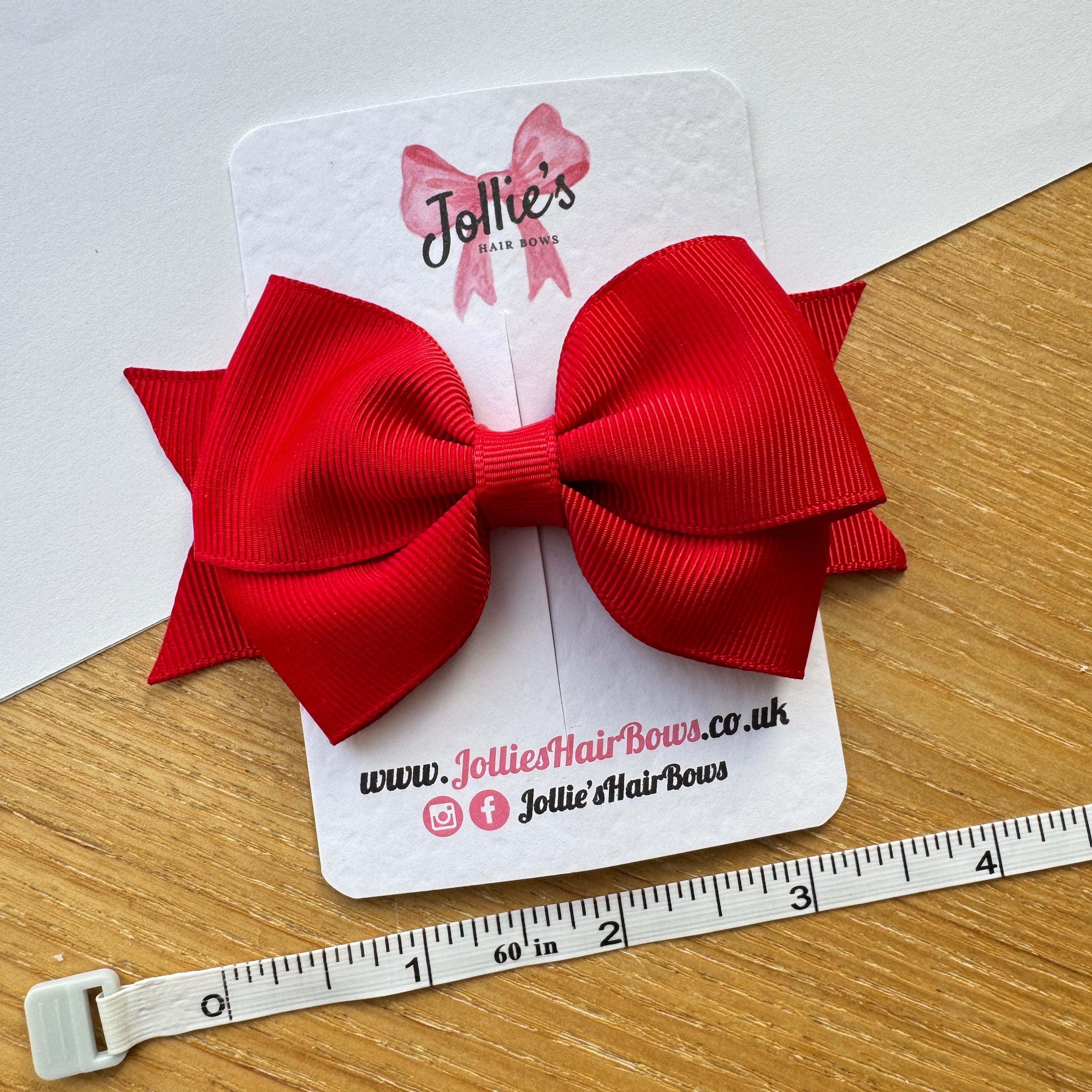 4" Red Double Tail Hair Bow – Grosgrain Ribbon Clip with Teeth