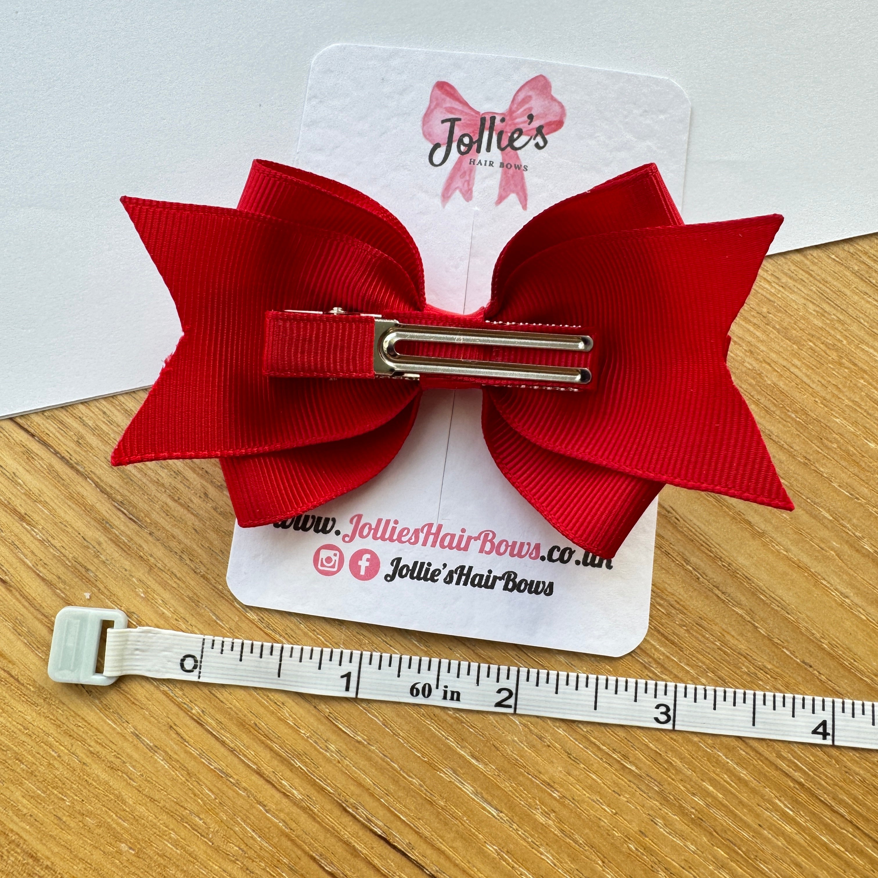 4" Red Double Tail Hair Bow – Grosgrain Ribbon Clip with Teeth