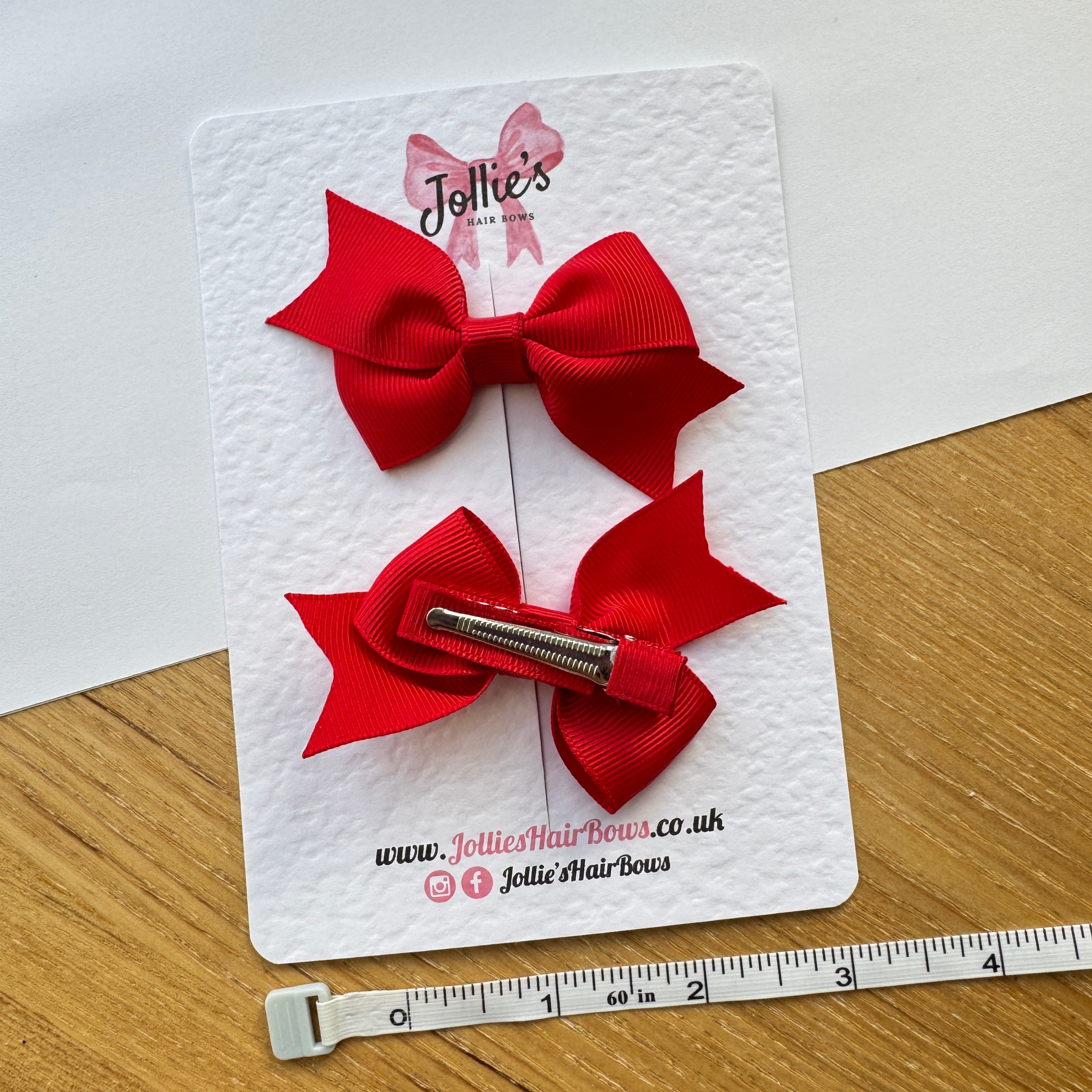 2.5" Red Lively Hair Bow Pair – Grosgrain Ribbon Clips with Teeth