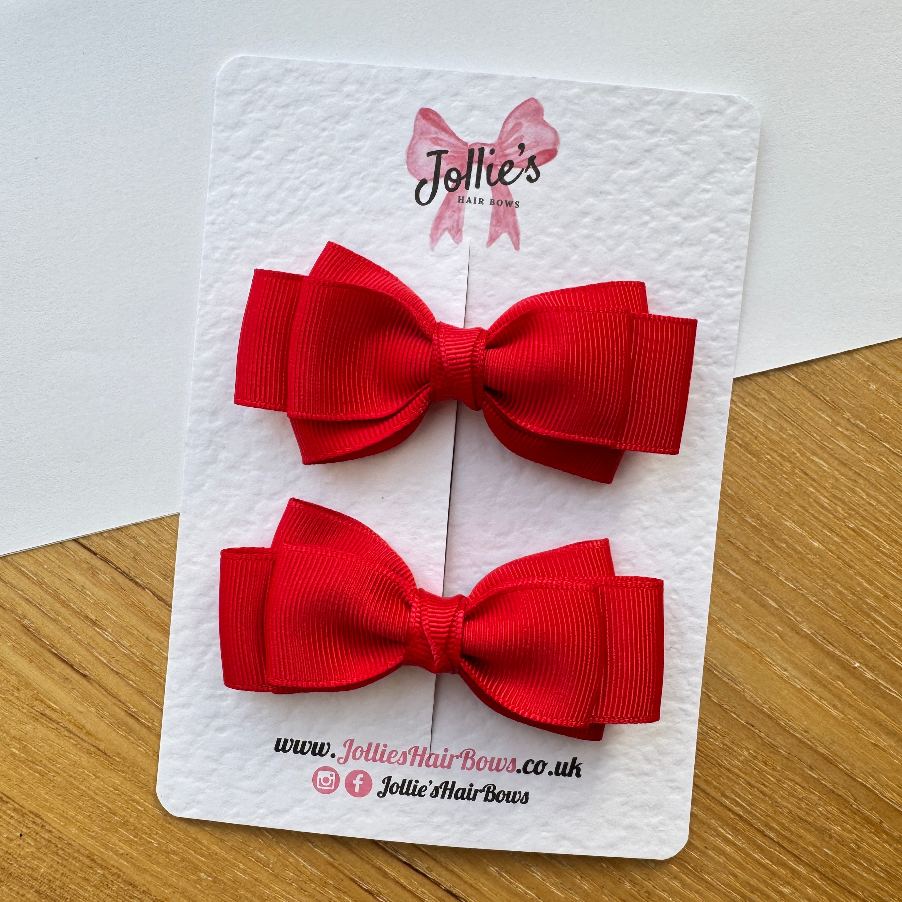 3" Red Flat Double Hair Bow Pair – Grosgrain Ribbon Clips with Teeth