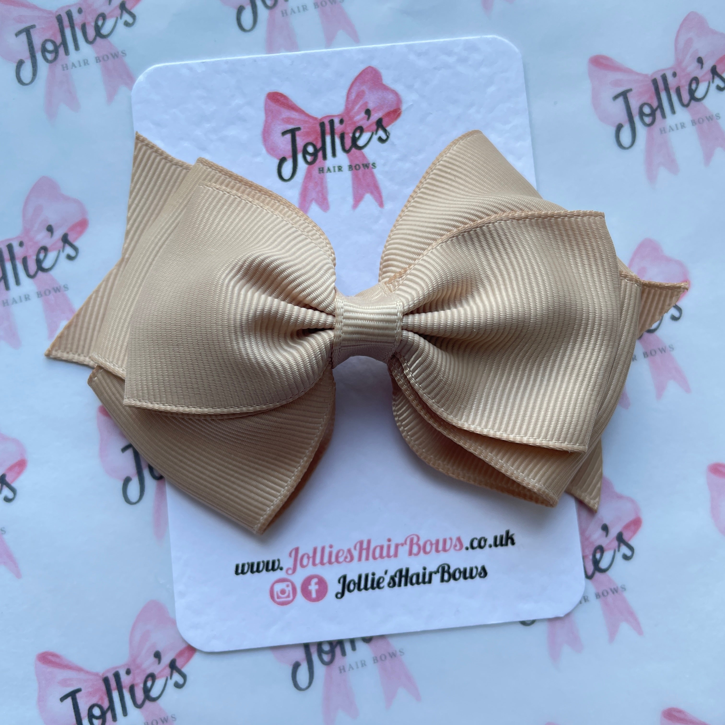 4" Tan Triple Layer Hair Bow – Grosgrain Ribbon with Lined Alligator Clip