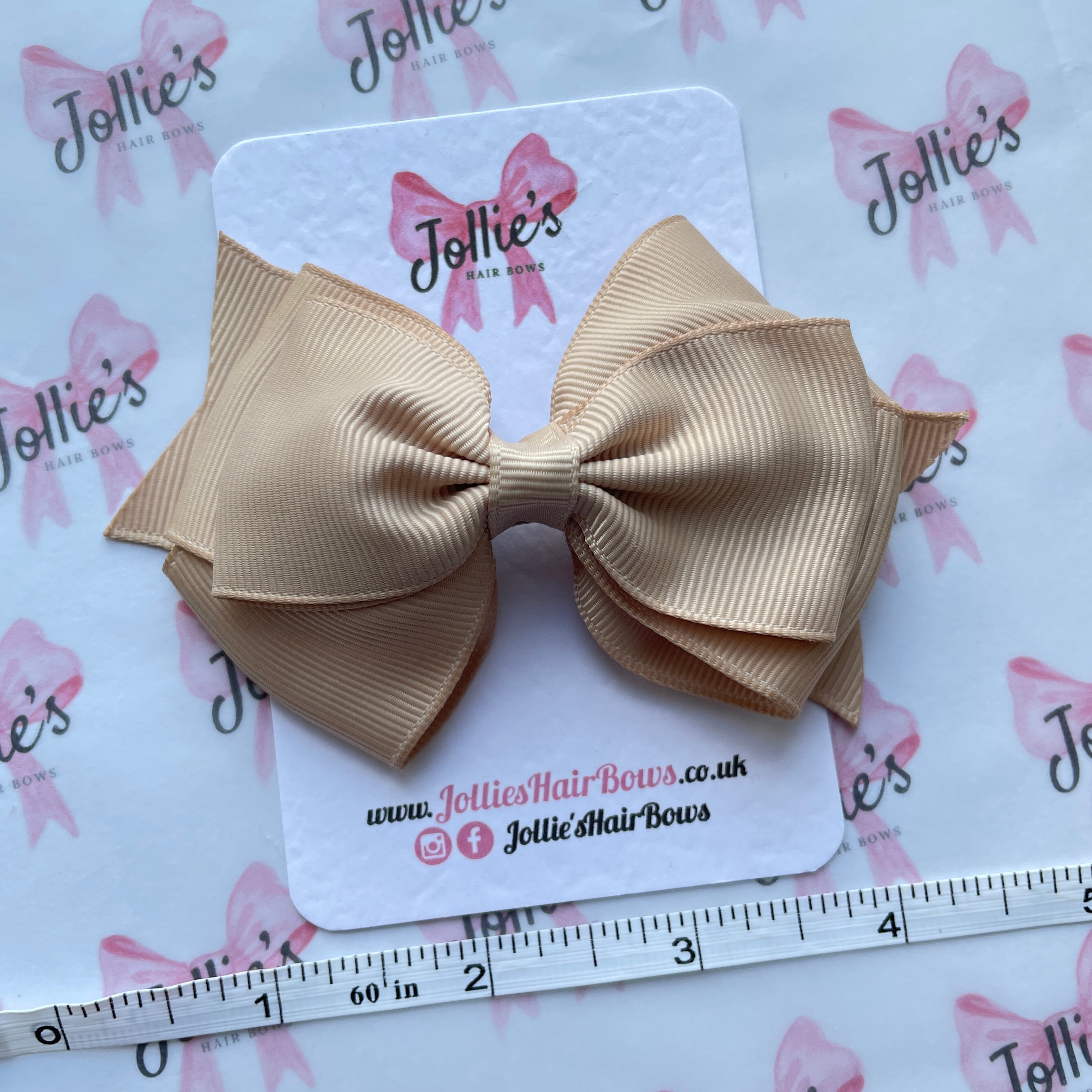 4" Tan Triple Layer Hair Bow – Grosgrain Ribbon with Lined Alligator Clip