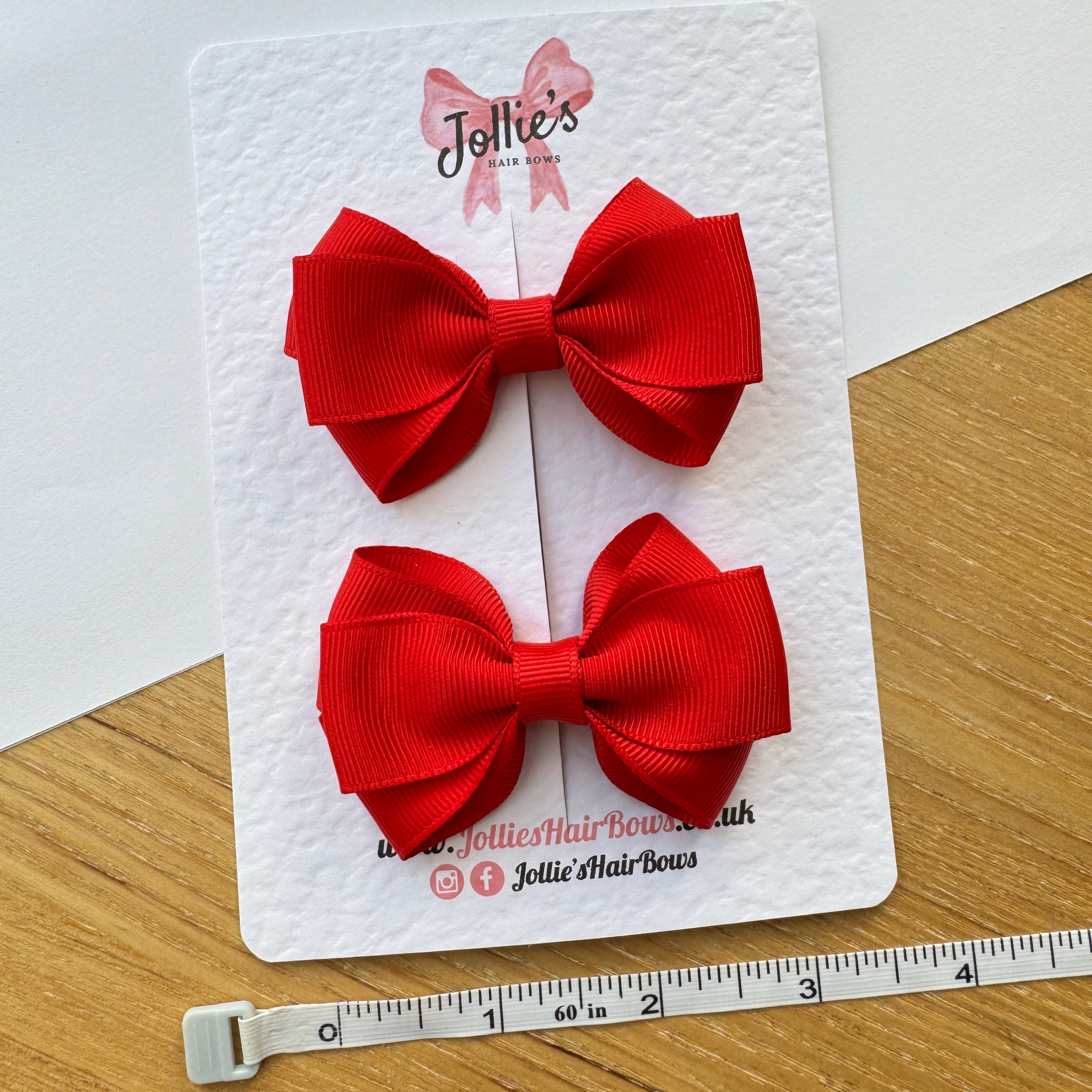 3" Red Double Loop Hair Bow Pair – Grosgrain Ribbon Clips with Teeth