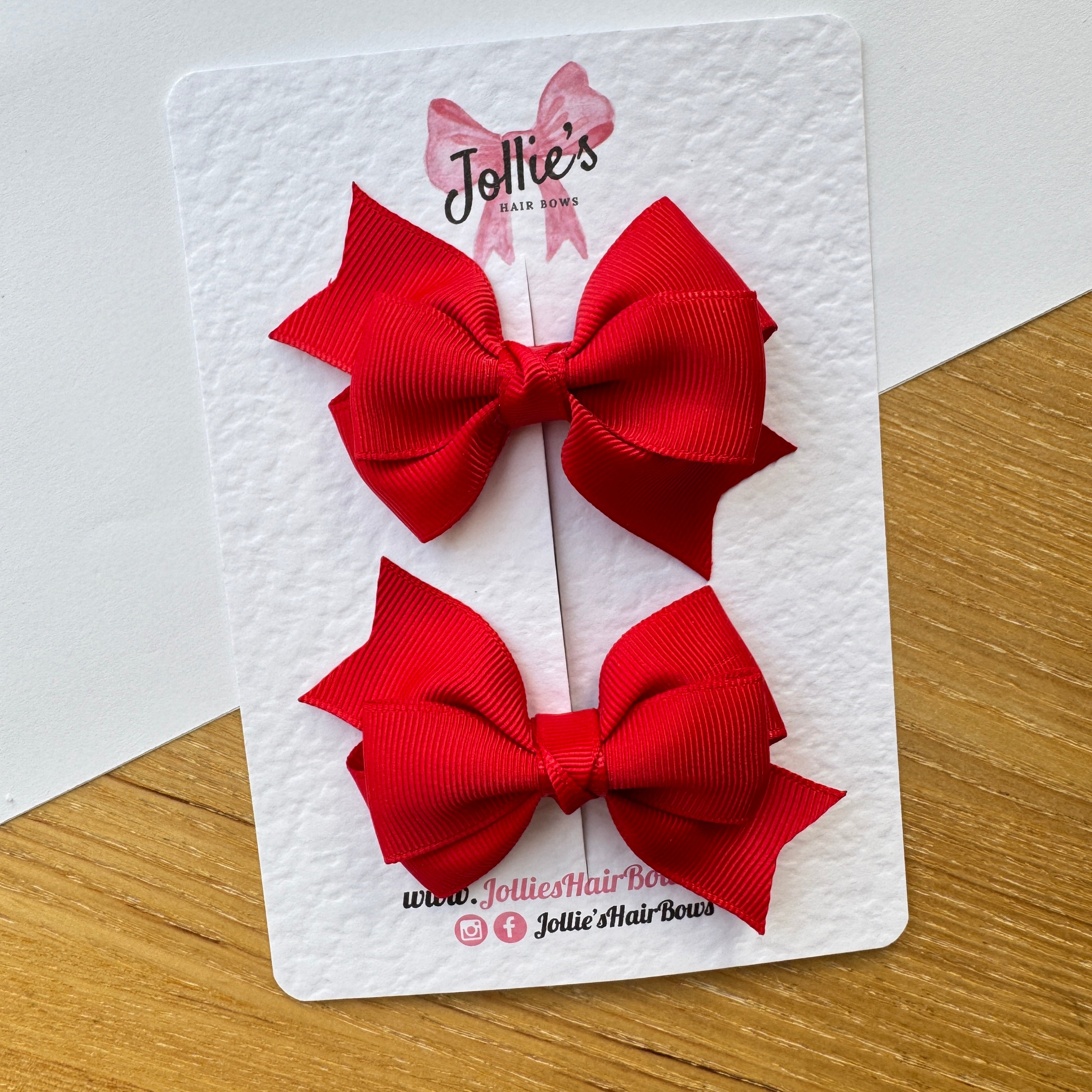 3" Red Tail-End Hair Bow Pair – Grosgrain Ribbon Clips with Teeth