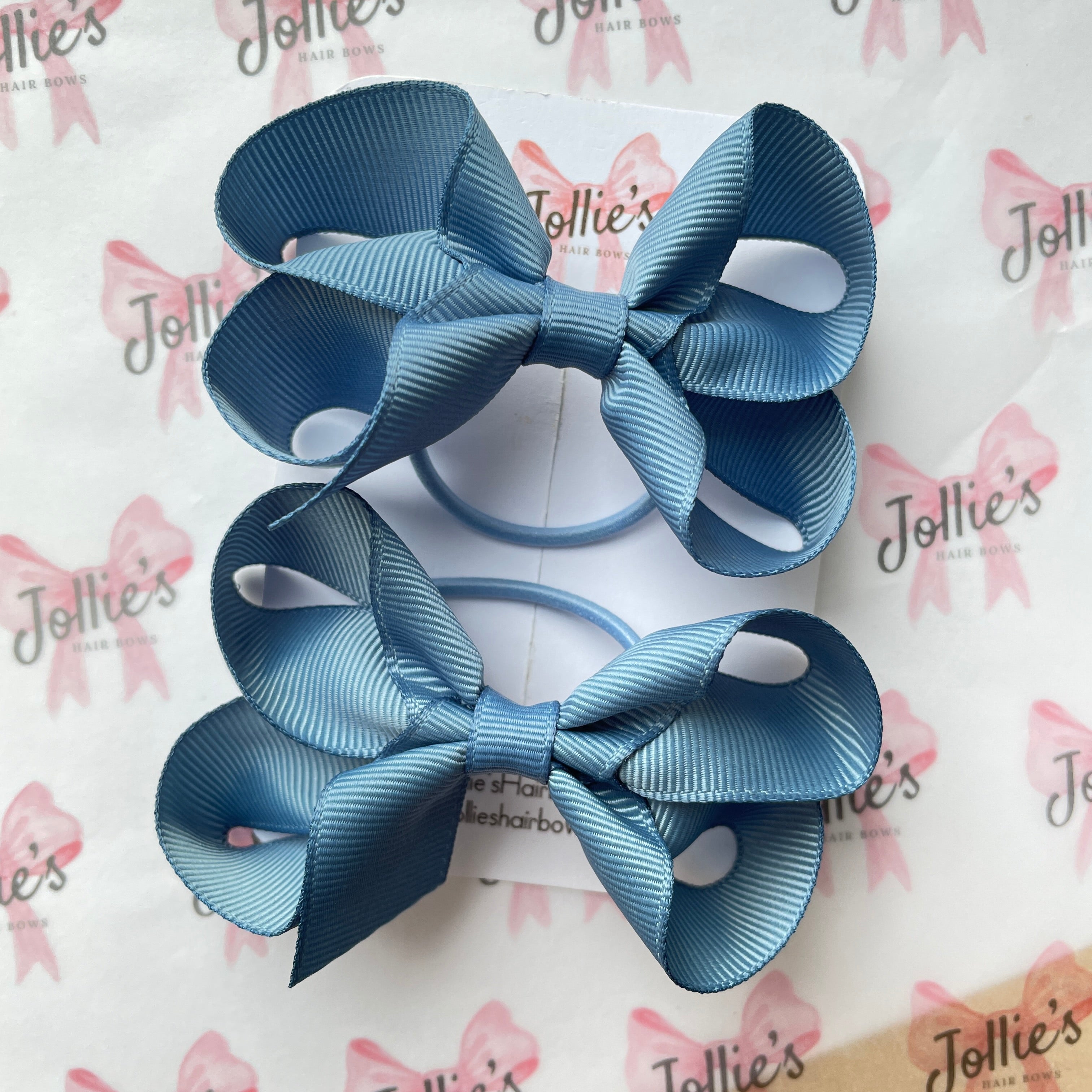 3" Antique Blue Twisted Hair Bow Pair – Grosgrain Ribbon with Thin Elastic