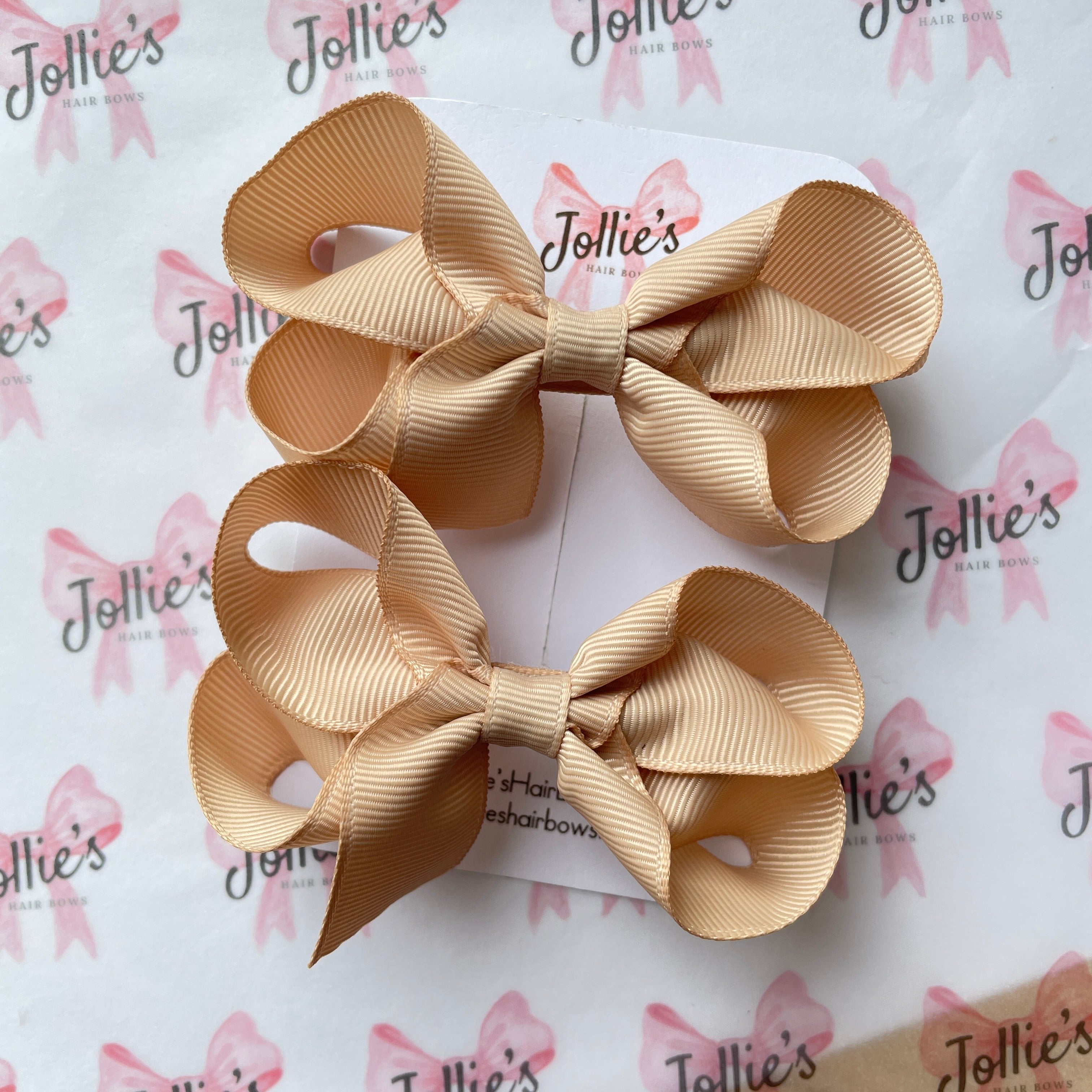 3" Tan Twisted Hair Bow Pair – Grosgrain Ribbon Clips for Girls
