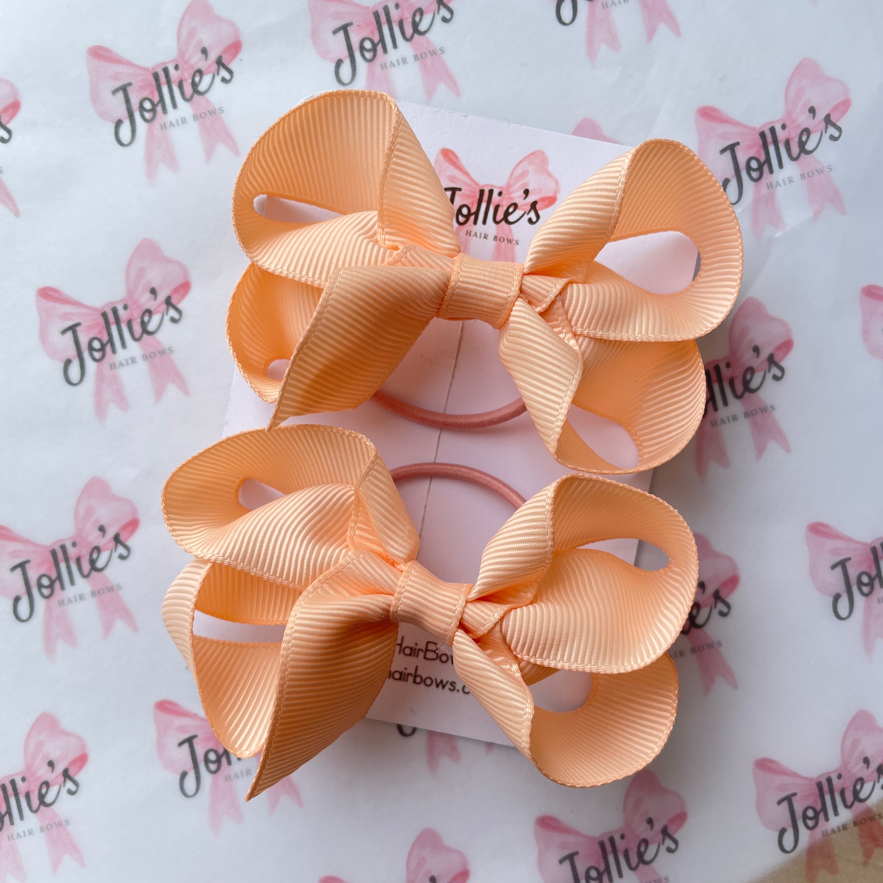 3" Petal Peach Twisted Hair Bow Pair – Grosgrain Ribbon with Thin Elastic