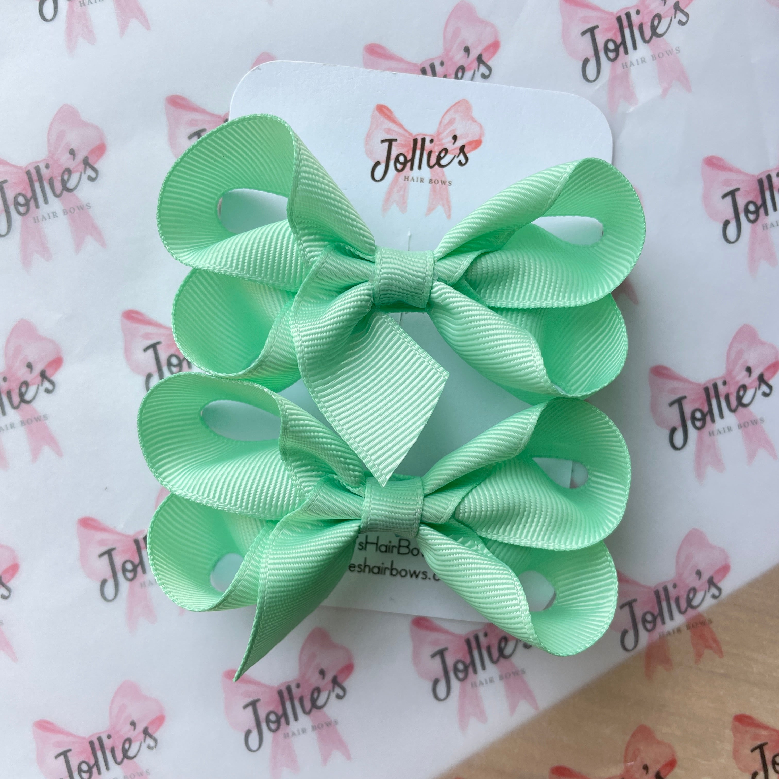 3" Pastel Green Twisted Hair Bow Pair – Grosgrain Ribbon Clips for Girls