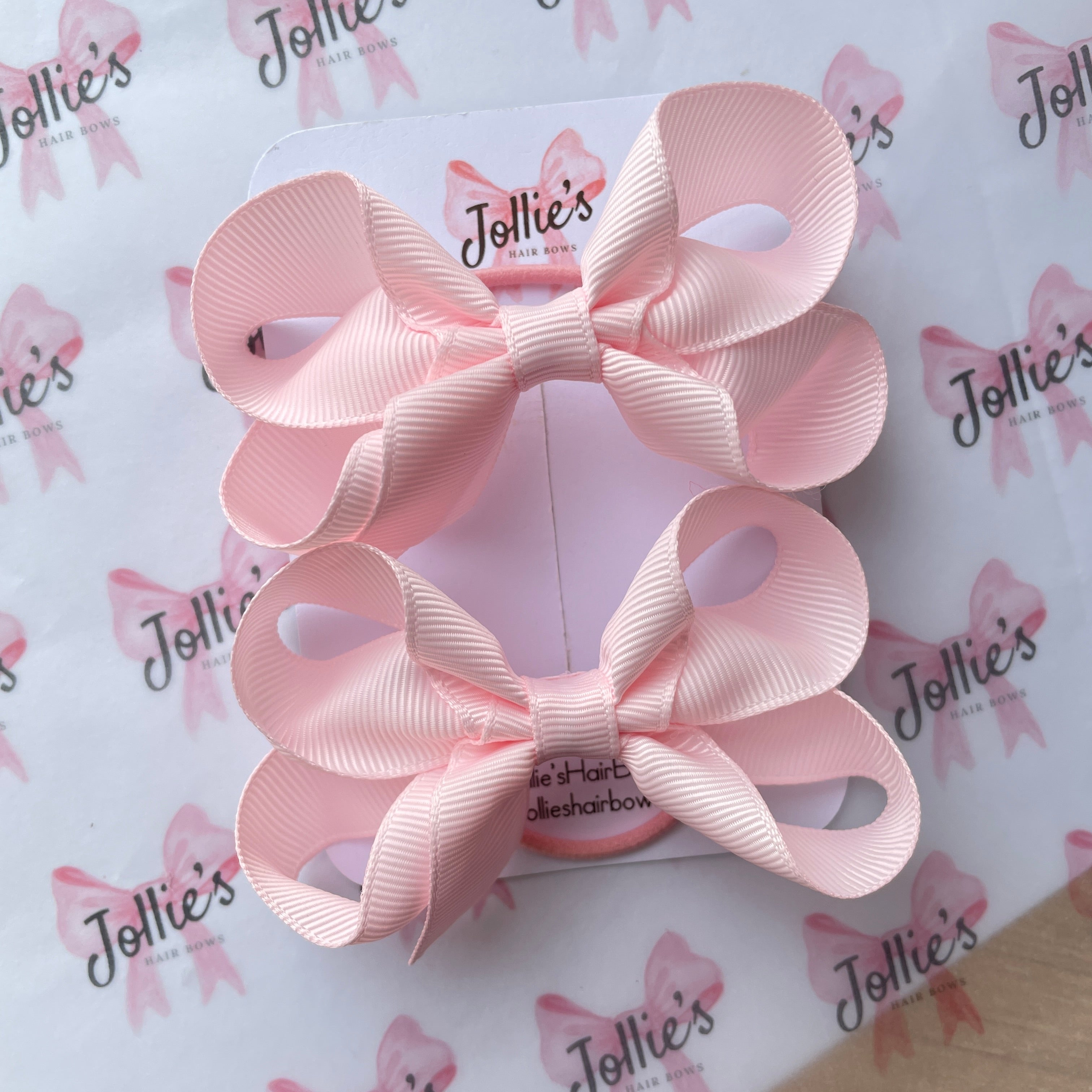 3" Powder Pink Twisted Hair Bow Pair – Grosgrain Ribbon with Thin Elastic