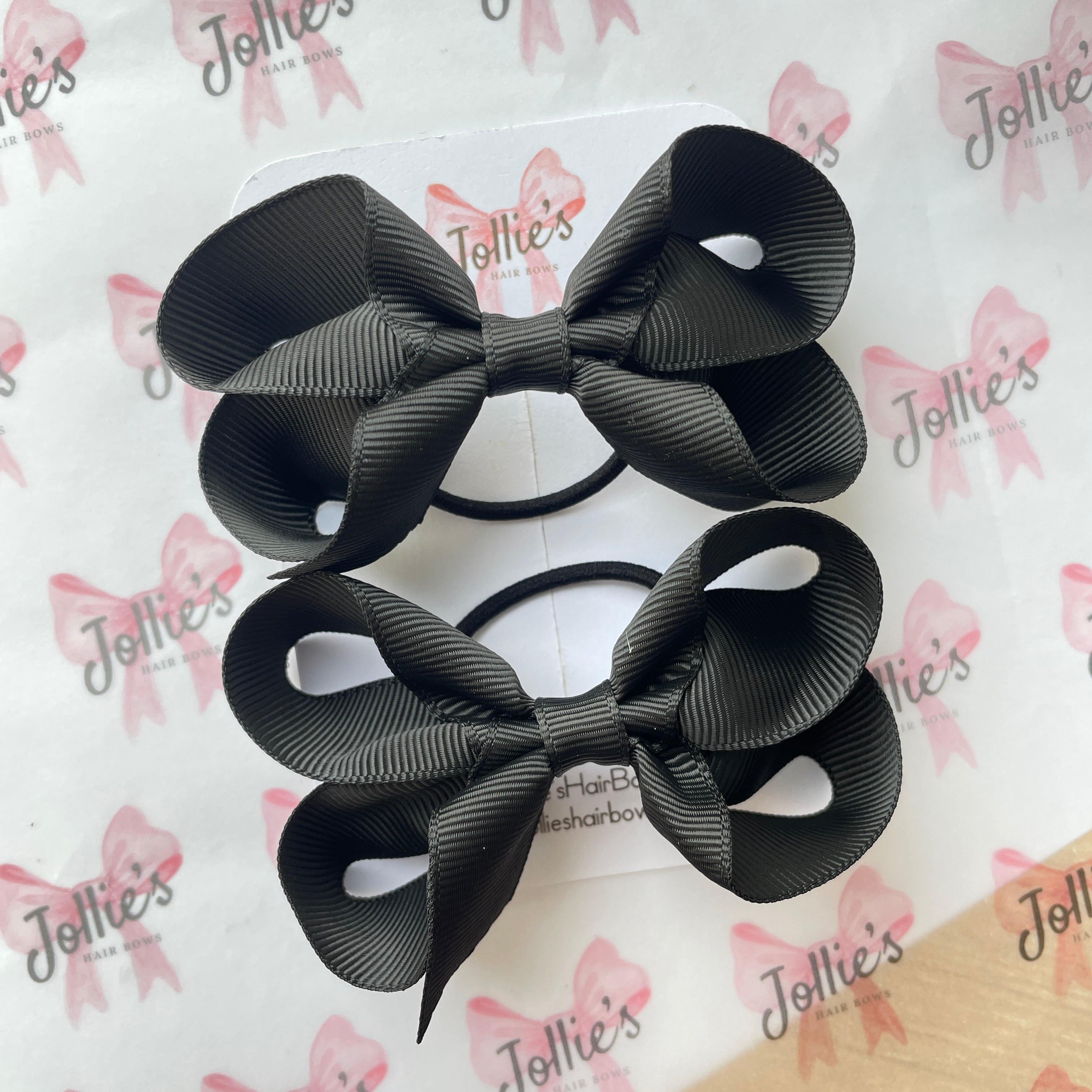 3" Black Twisted Hair Bow Pair – Grosgrain Ribbon with Thin Elastic