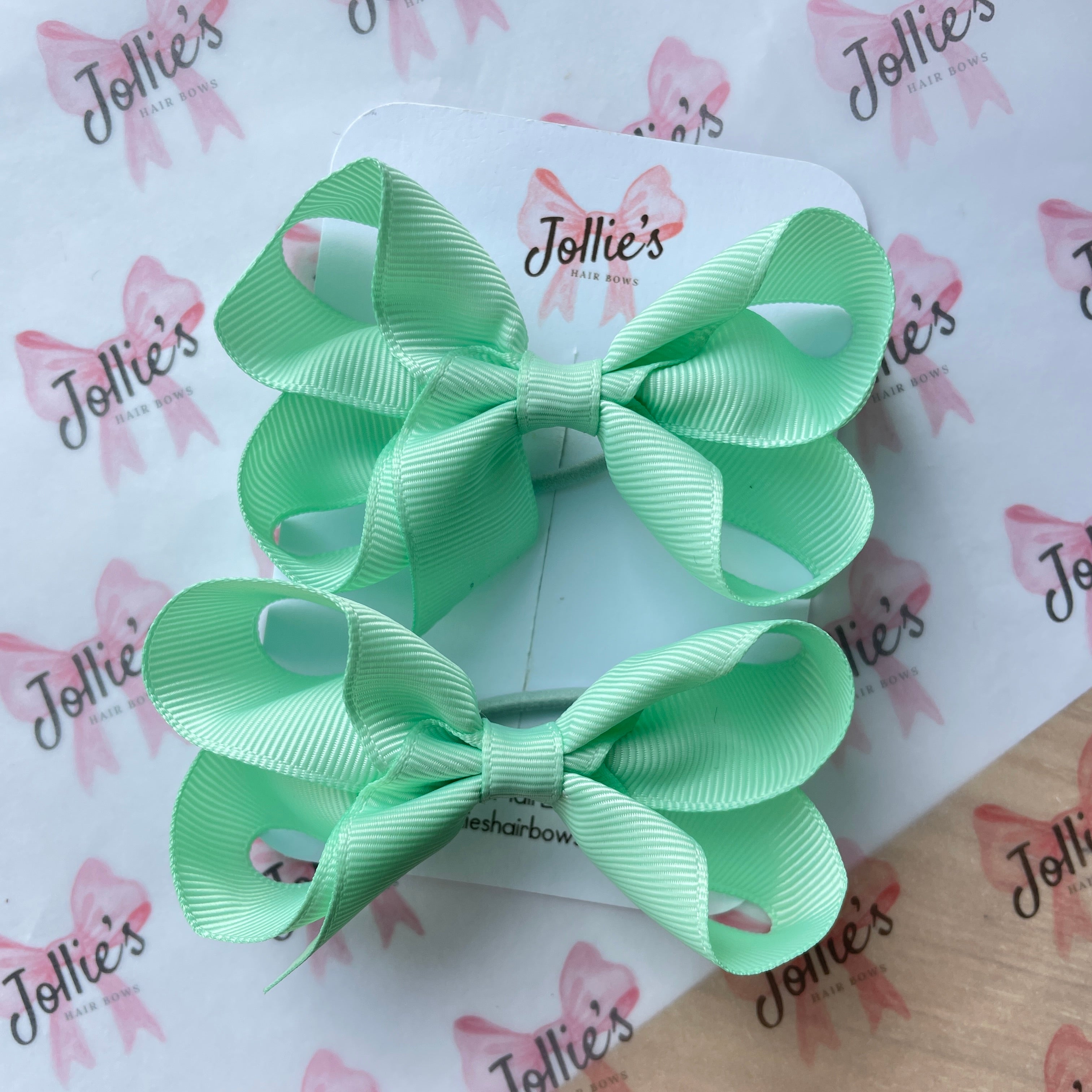 3" Pastel Green Twisted Hair Bow Pair – Grosgrain Ribbon with Thin Elastic for Girls