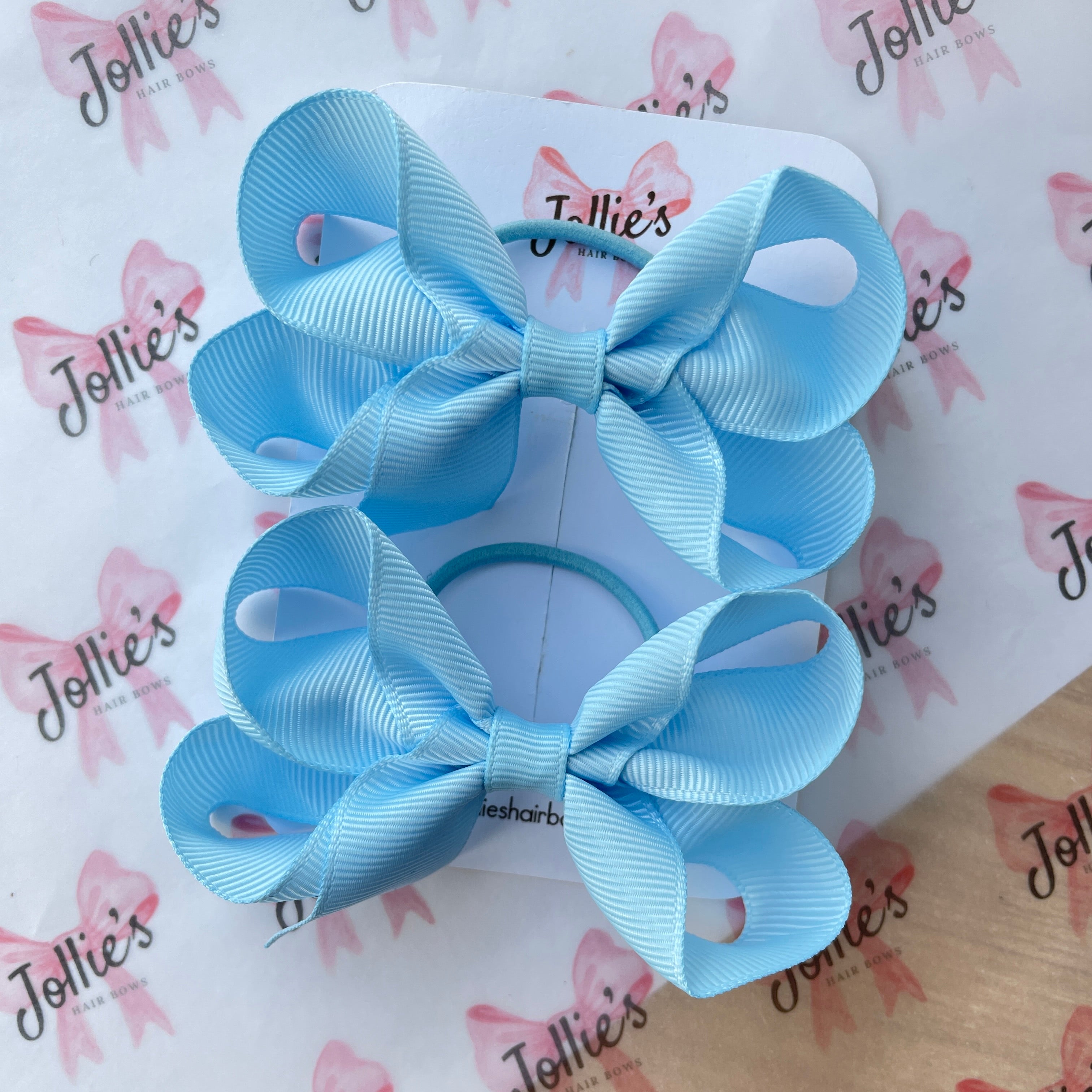 3" Blue Topaz Twisted Hair Bow Pair – Grosgrain Ribbon with Thin Elastic for Girls