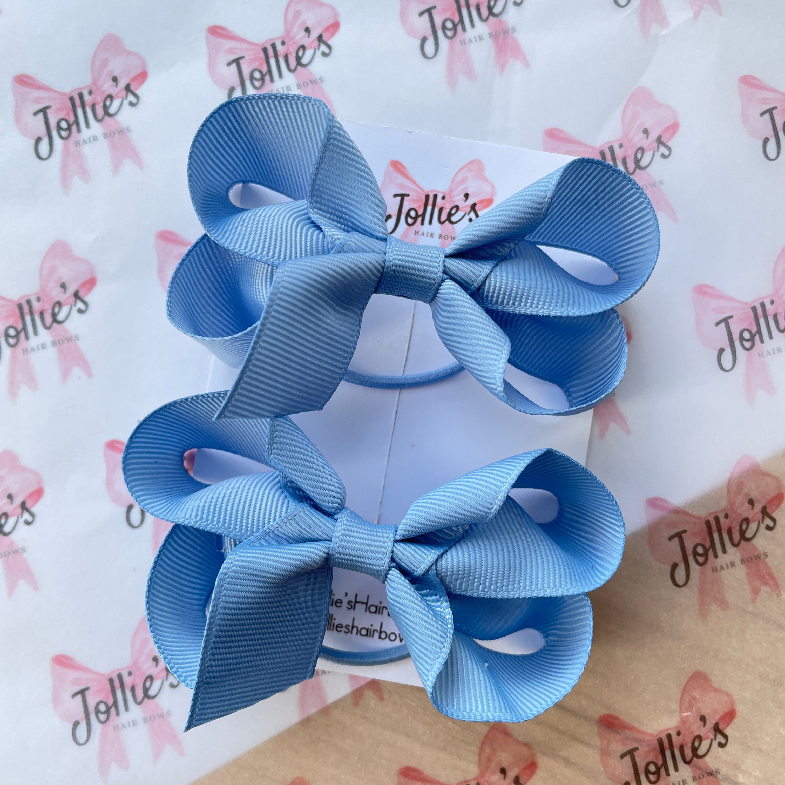 3" French Blue Twisted Hair Bow Pair – Grosgrain Ribbon with Thin Elastic for Girls