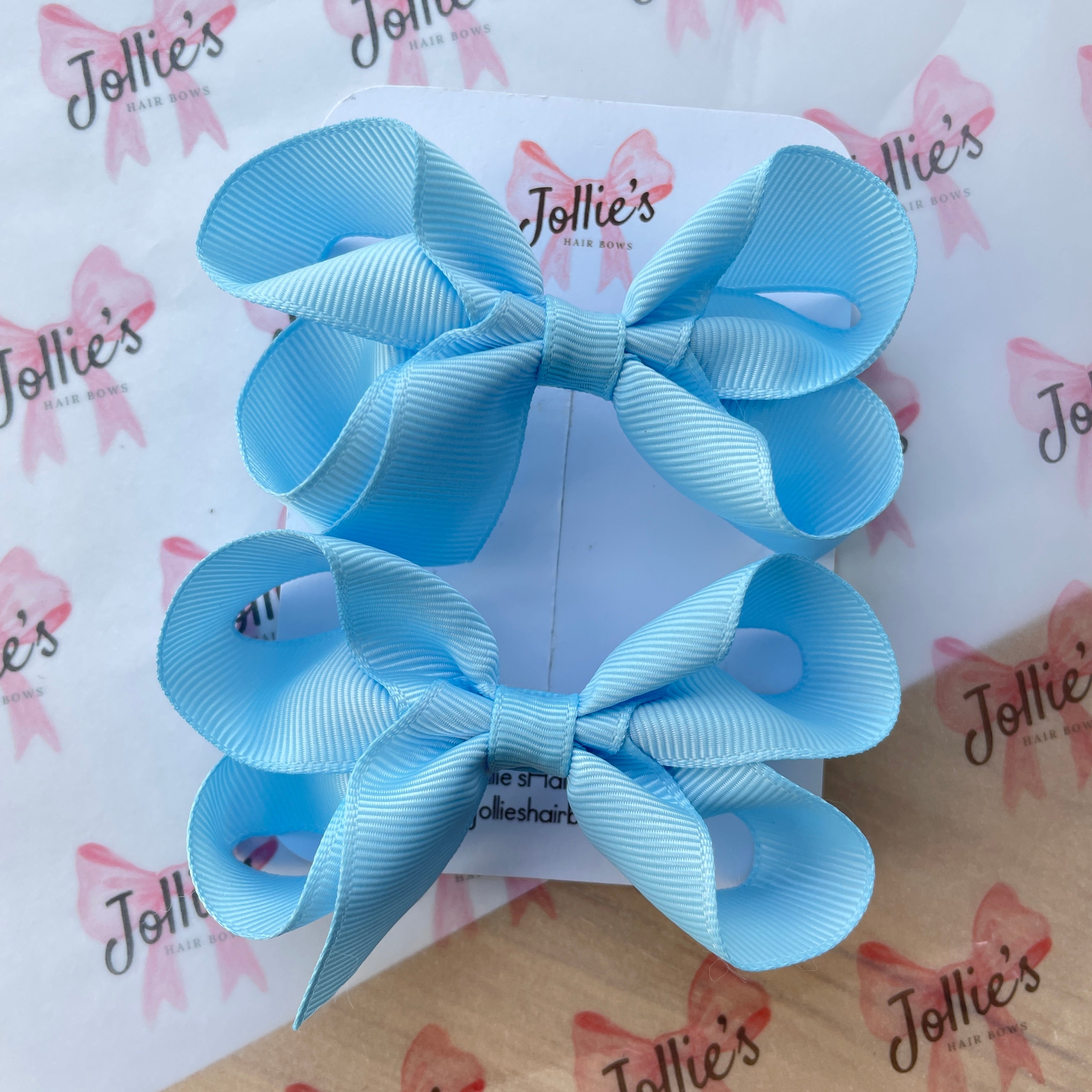 3" Blue Topaz Twisted Hair Bow Pair – Grosgrain Ribbon Clips for Girls