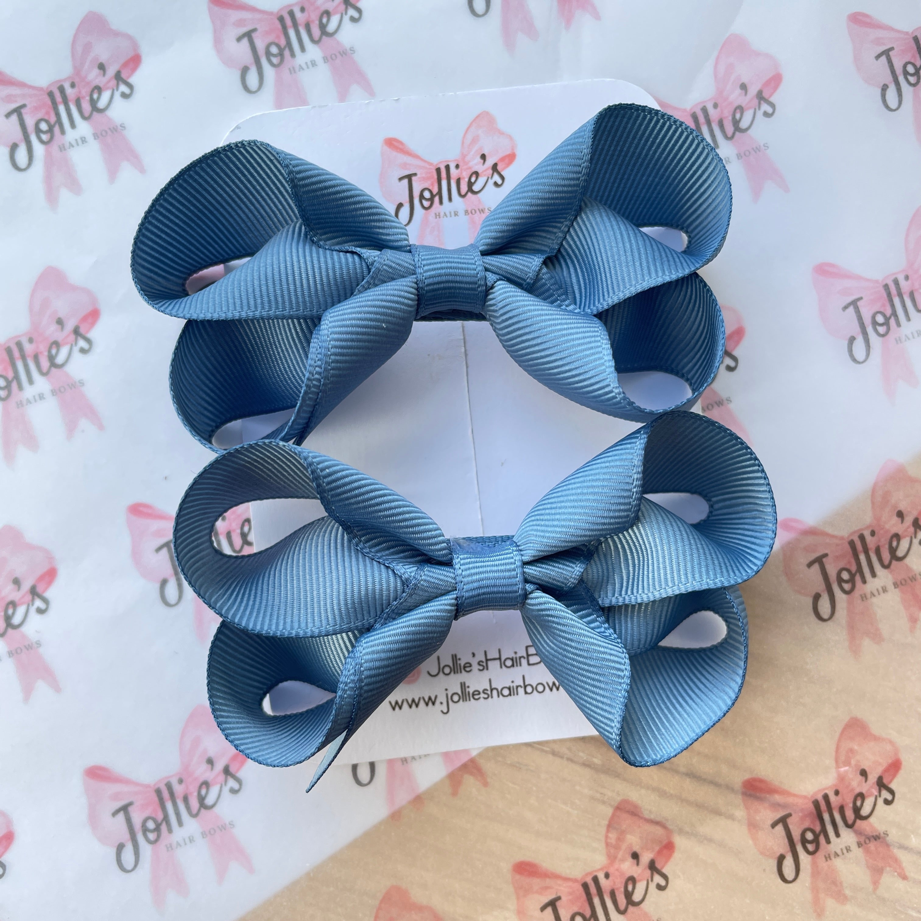 3" Antique Blue Twisted Hair Bow Pair – Grosgrain Ribbon Clips for Girls