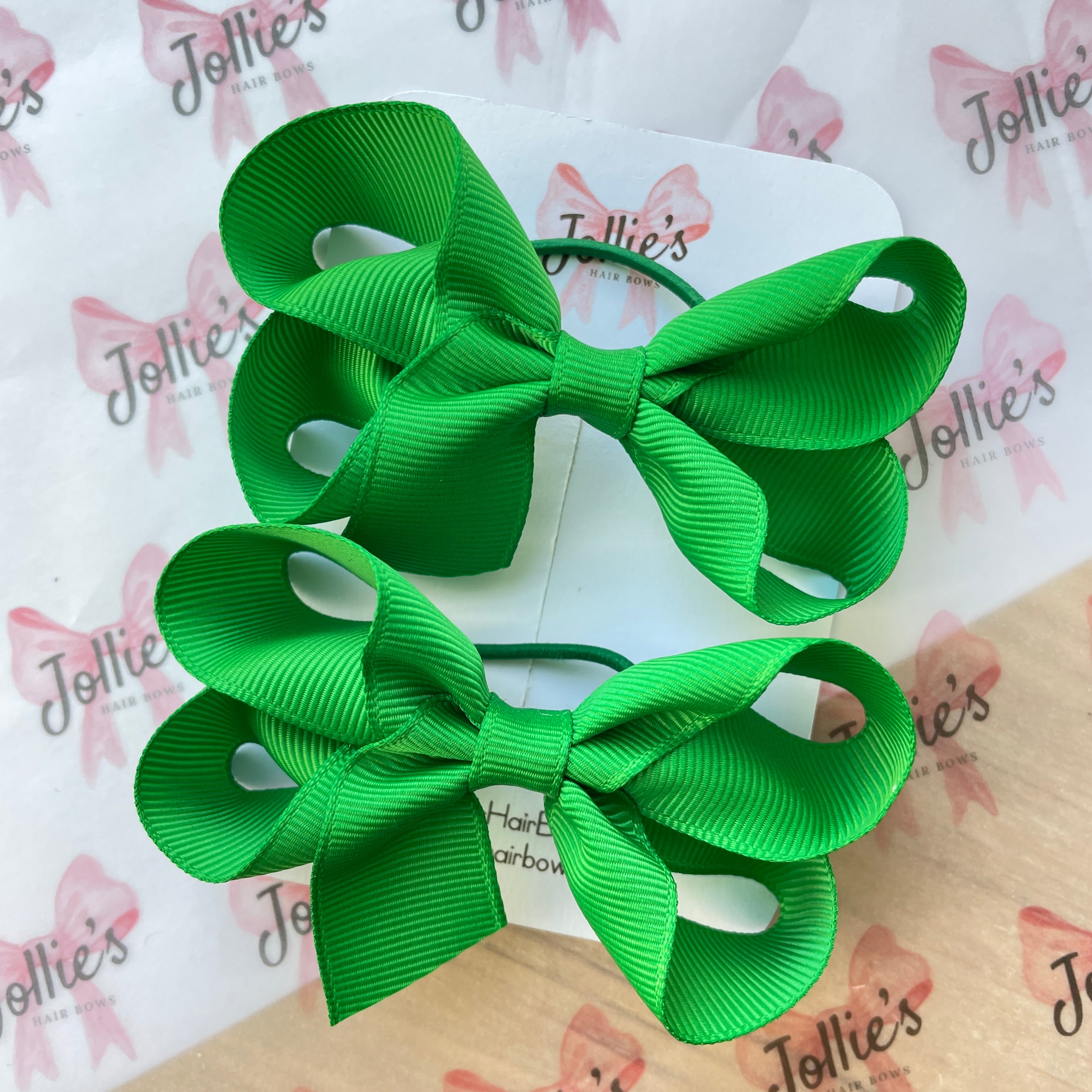 3" Emerald Green Twisted Hair Bow Pair – Grosgrain Ribbon with Thin Elastic for Girls