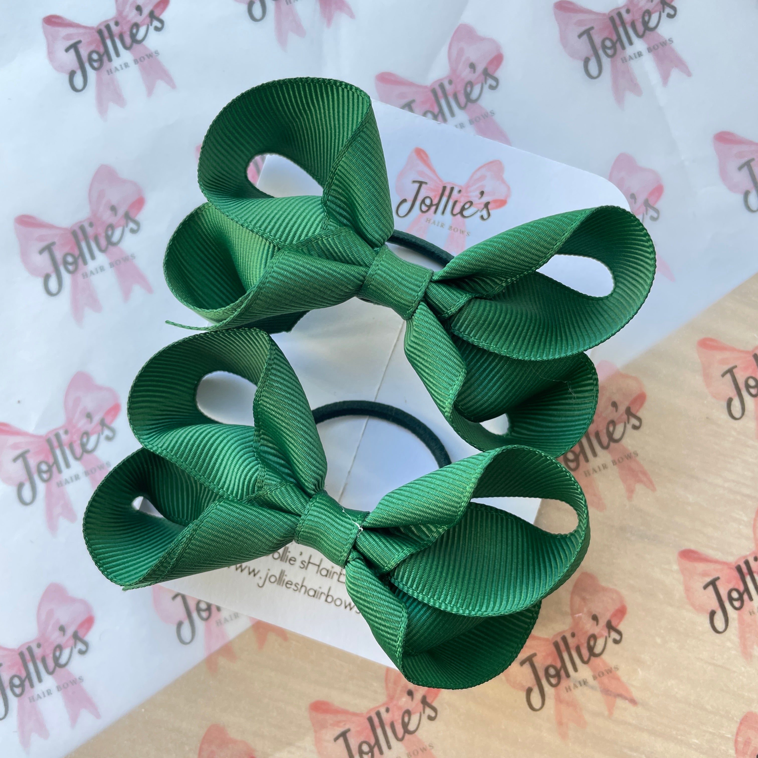 3" Forest Green Twisted Hair Bow Pair – Grosgrain Ribbon with Thin Elastic for Girls