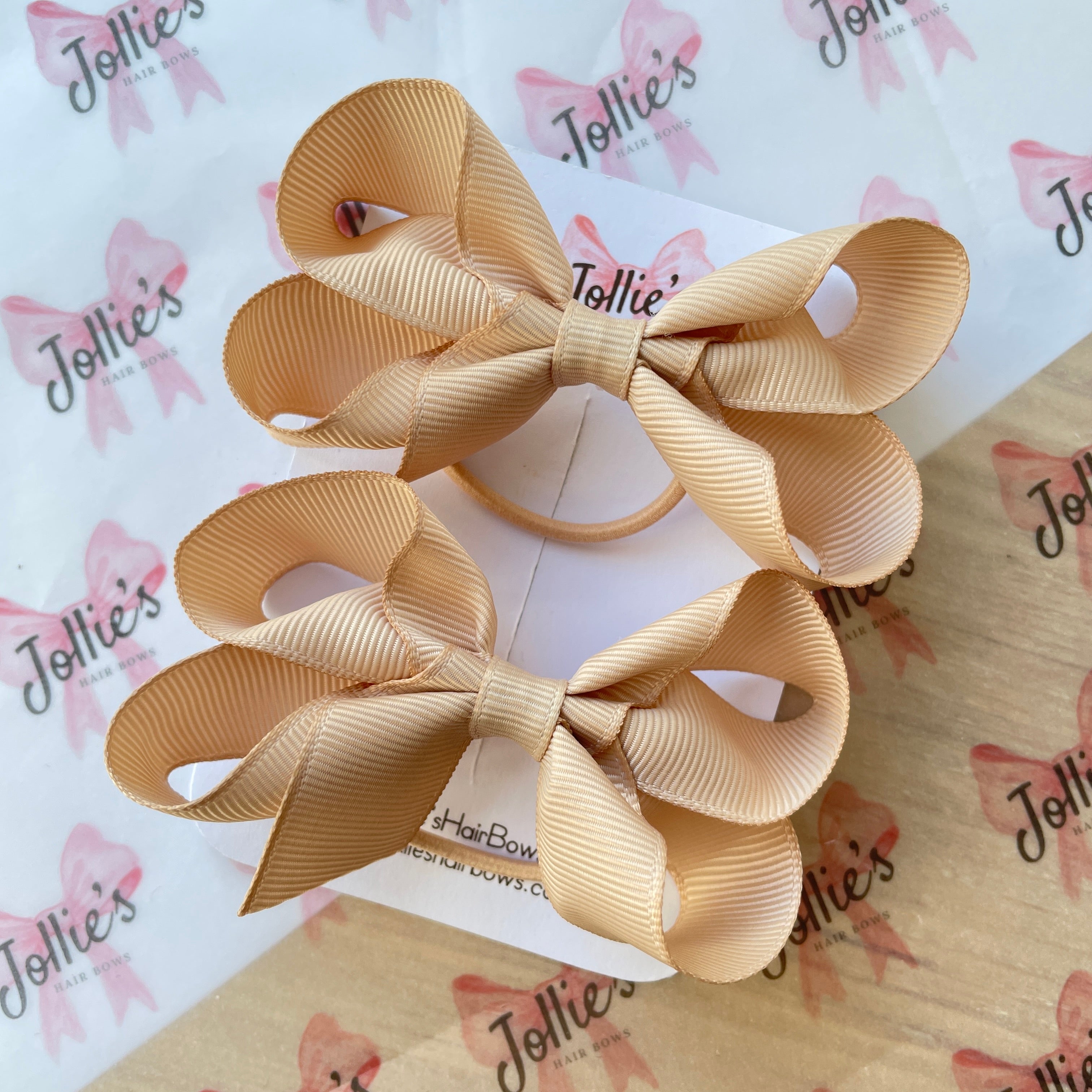 3" Tan Twisted Hair Bow Pair – Grosgrain Ribbon with Thin Elastic for Girls