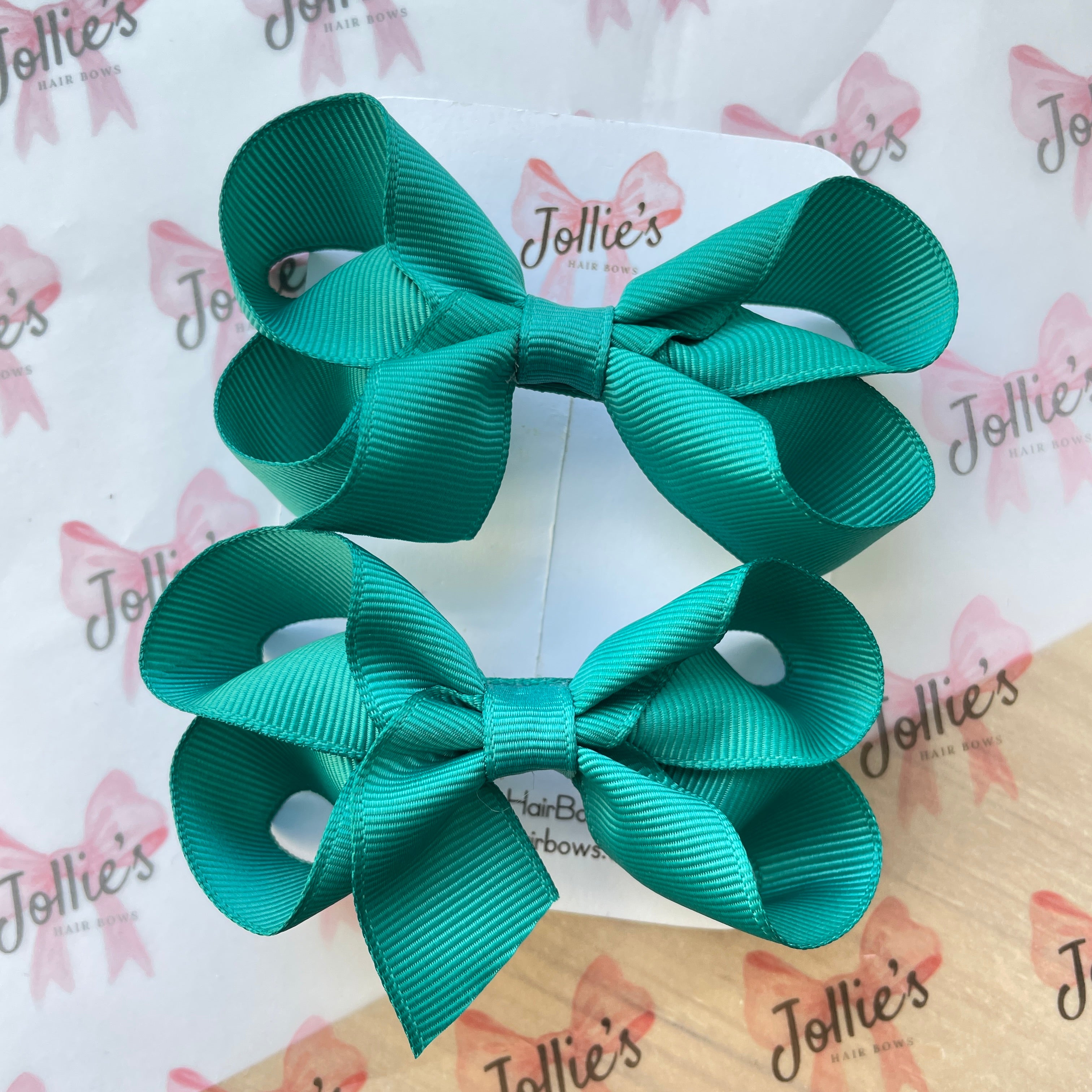 3" Jade Green Twisted Hair Bow Pair – Grosgrain Ribbon Clips for Girls