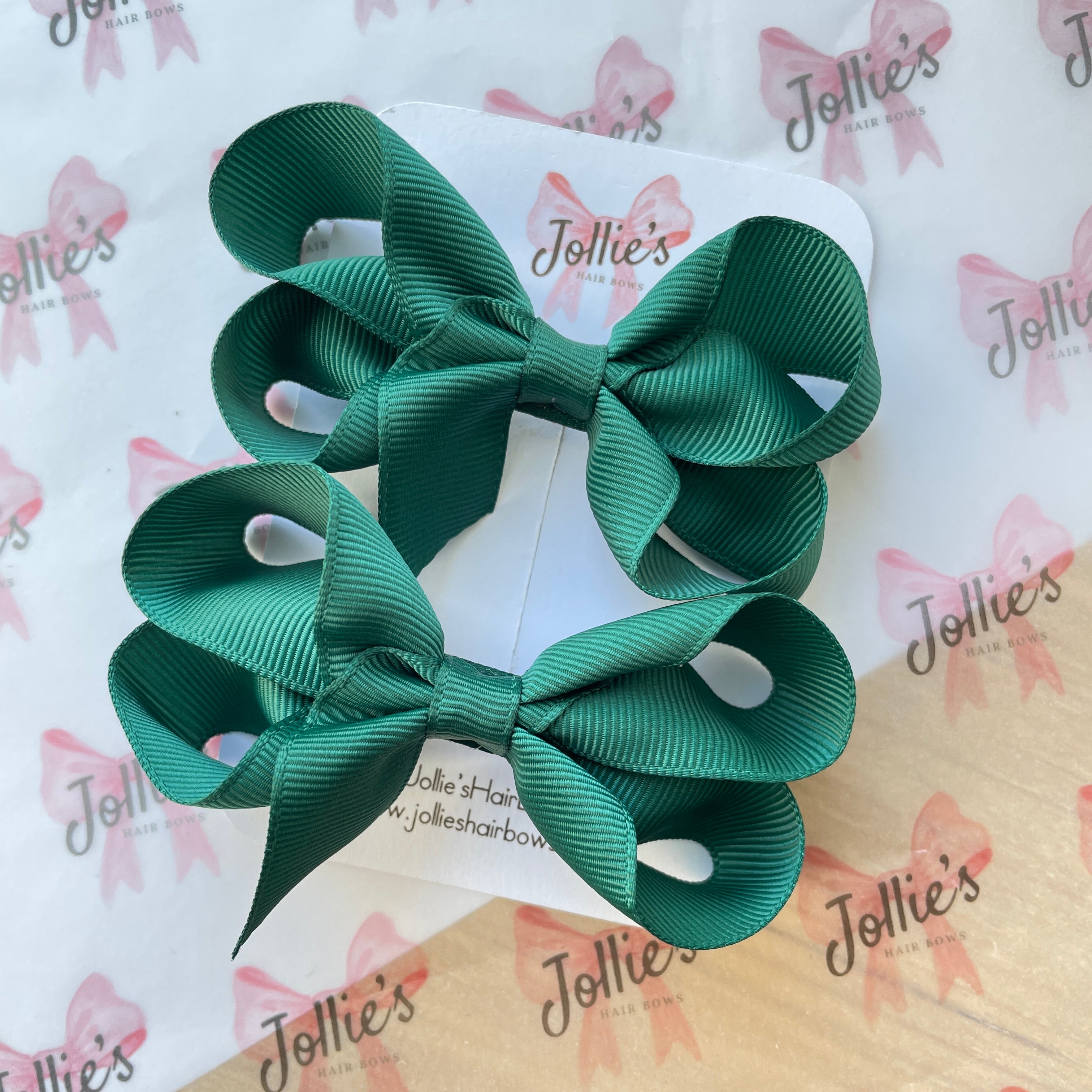3" Hunter Green Twisted Hair Bow Pair – Grosgrain Ribbon Clips for Girls
