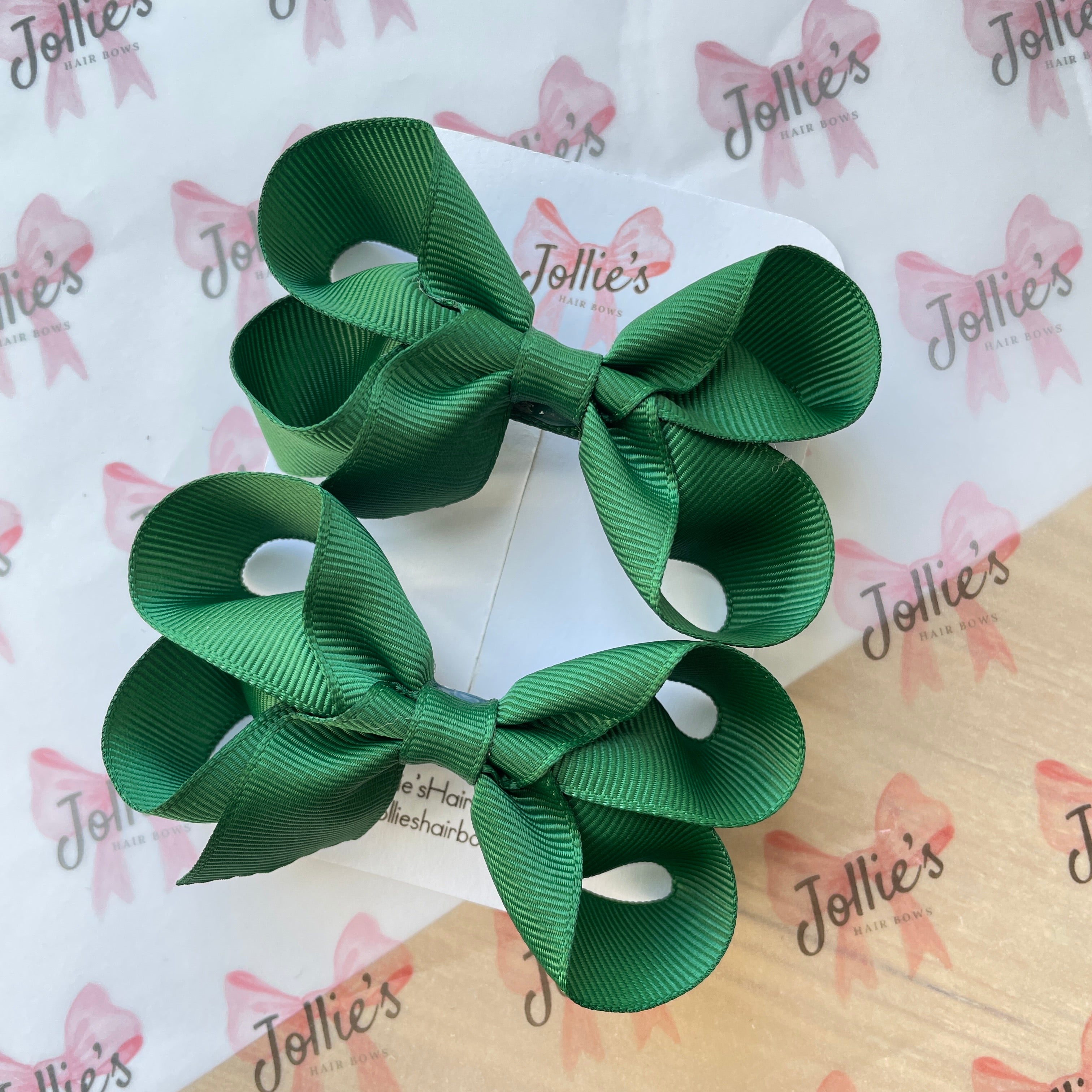 3" Forest Green Twisted Hair Bow Pair – Grosgrain Ribbon Clips for Girls