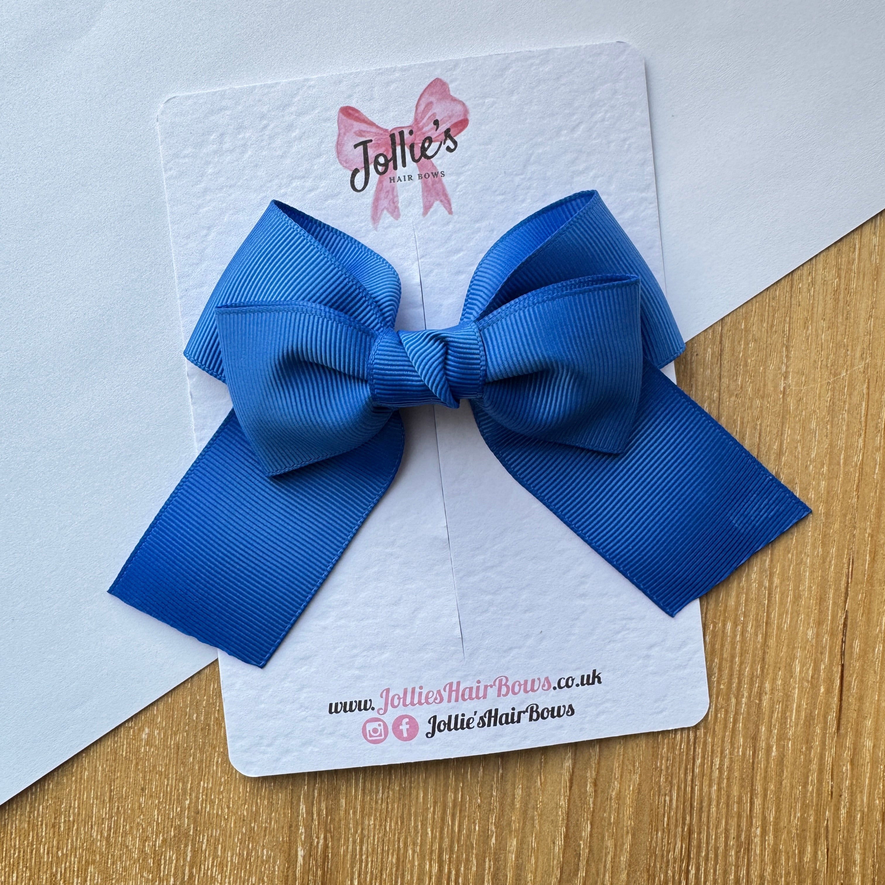 4" Royal Blue Long Tail School Hair Bow – Grosgrain Ribbon Clip with Teeth