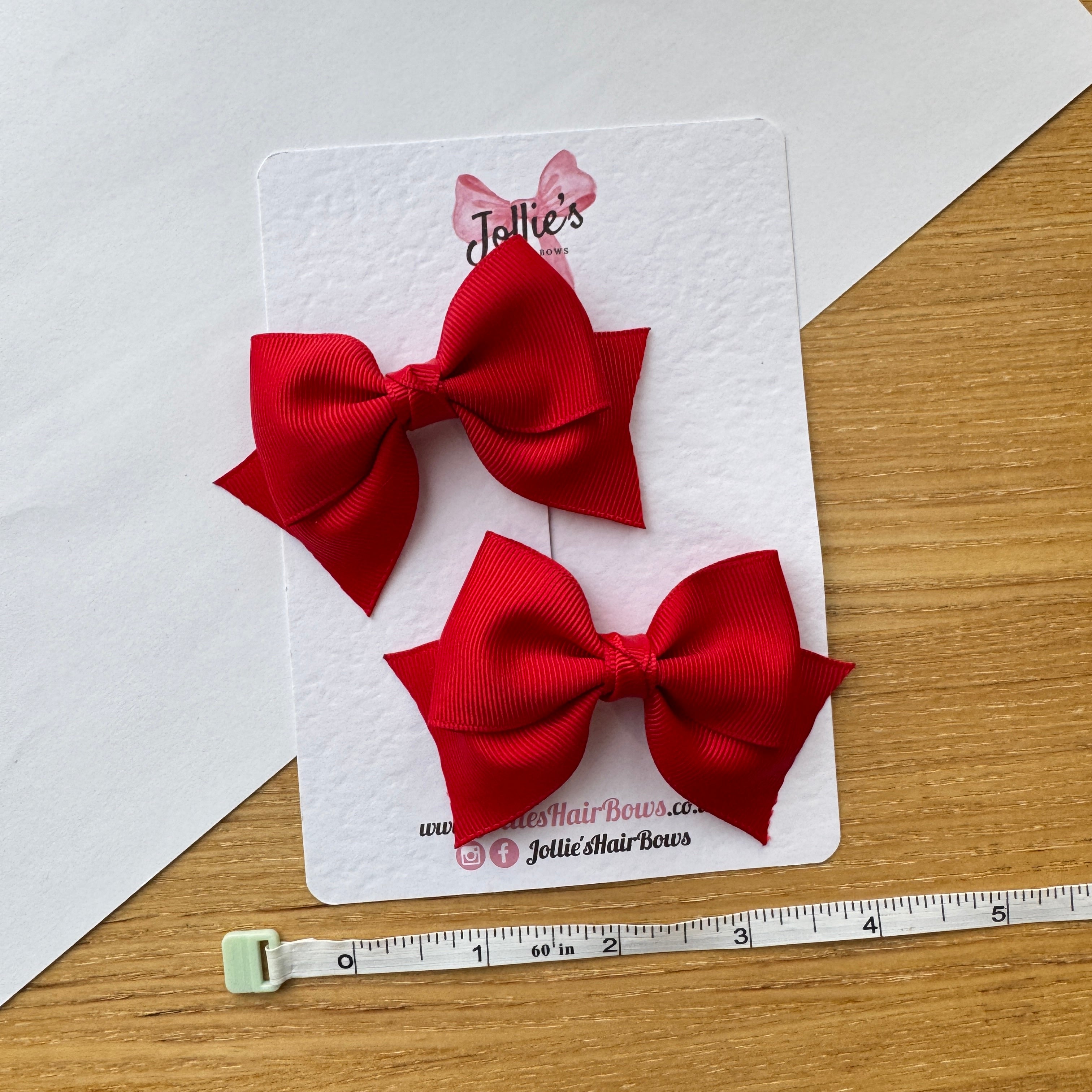3" Red Layered Pointed-Tail Hair Bow Pair – Grosgrain Ribbon Clips with Teeth