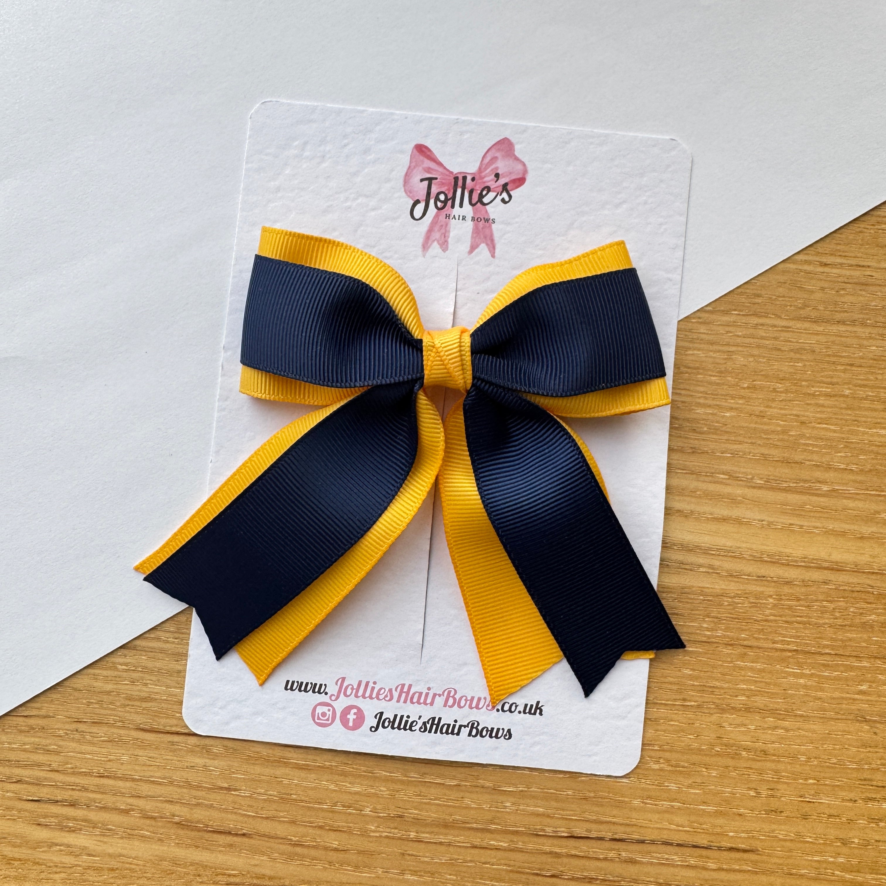 4.5" Yellow Gold & Navy Long Tail School Hair Bow – Grosgrain Ribbon with 2" Double Sponge Alligator Clip